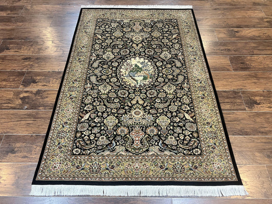 USED Pak Persian Rug 4x6, Wool Hand Knotted Vintage Carpet, Black & Olive Green, Bird Pictorials, Floral Fine Oriental Rug