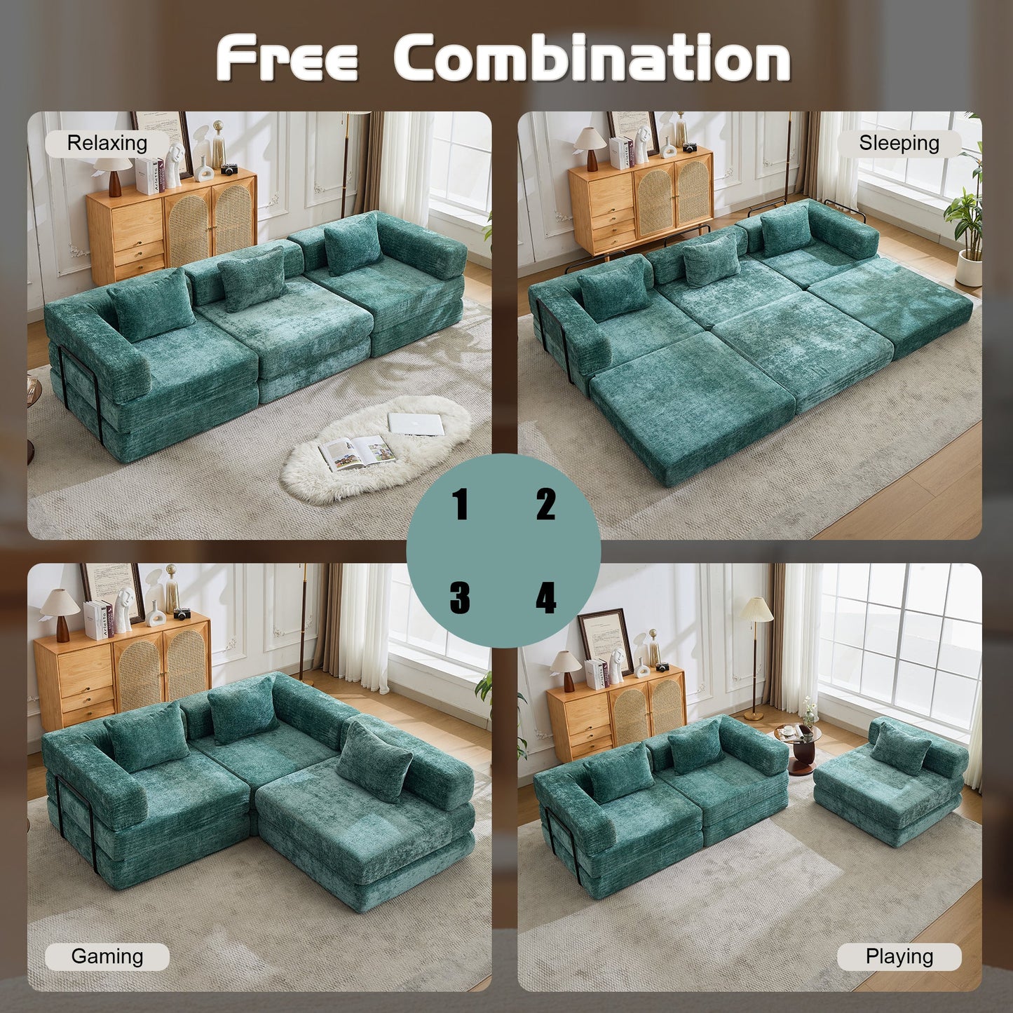 NEW Dark Green Chenille Fabric Compression Convertible Floor Sofa Bed