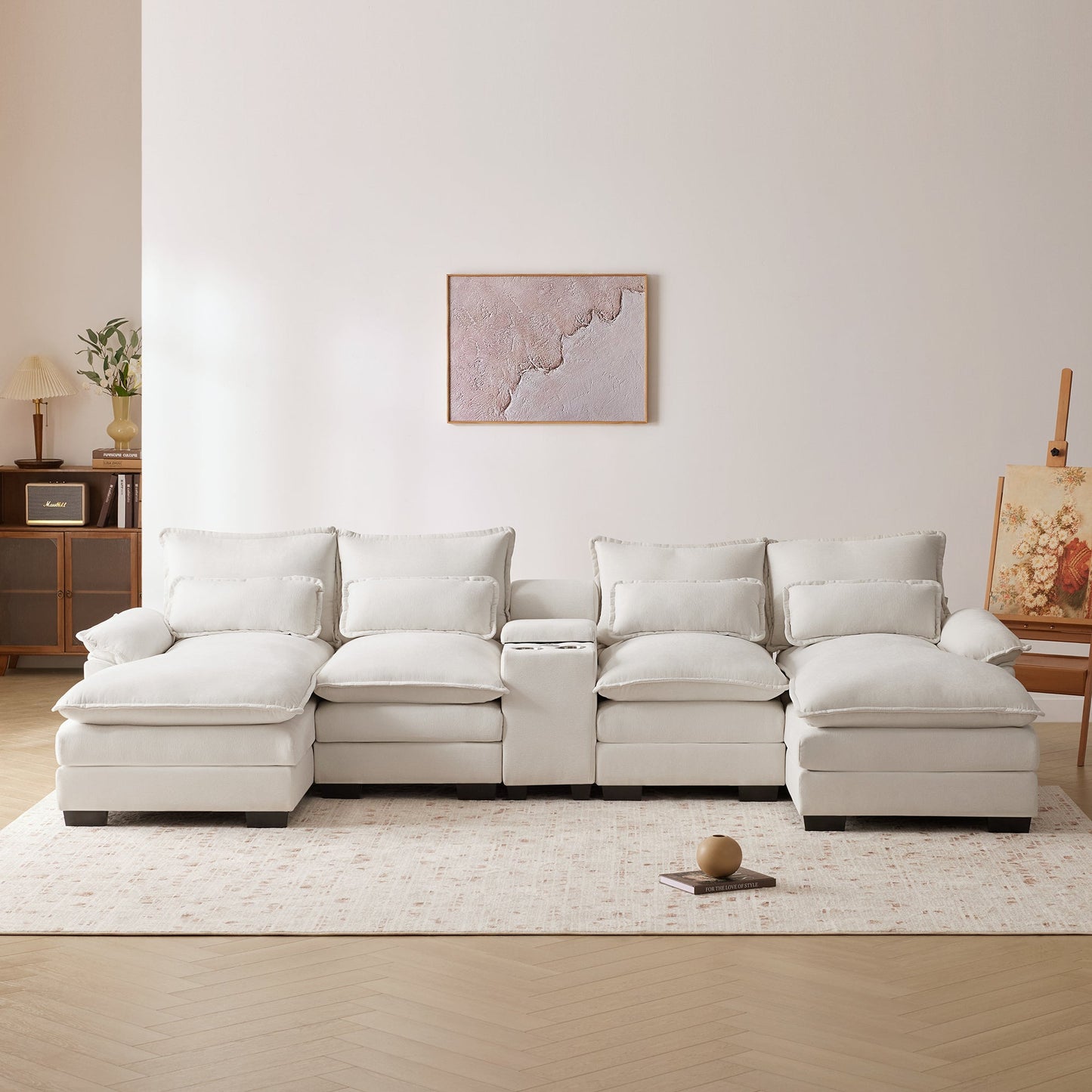 NEW Modern Chenille White 6-seat Upholstered U-shaped Sofa with Console Cupholders & USB Ports