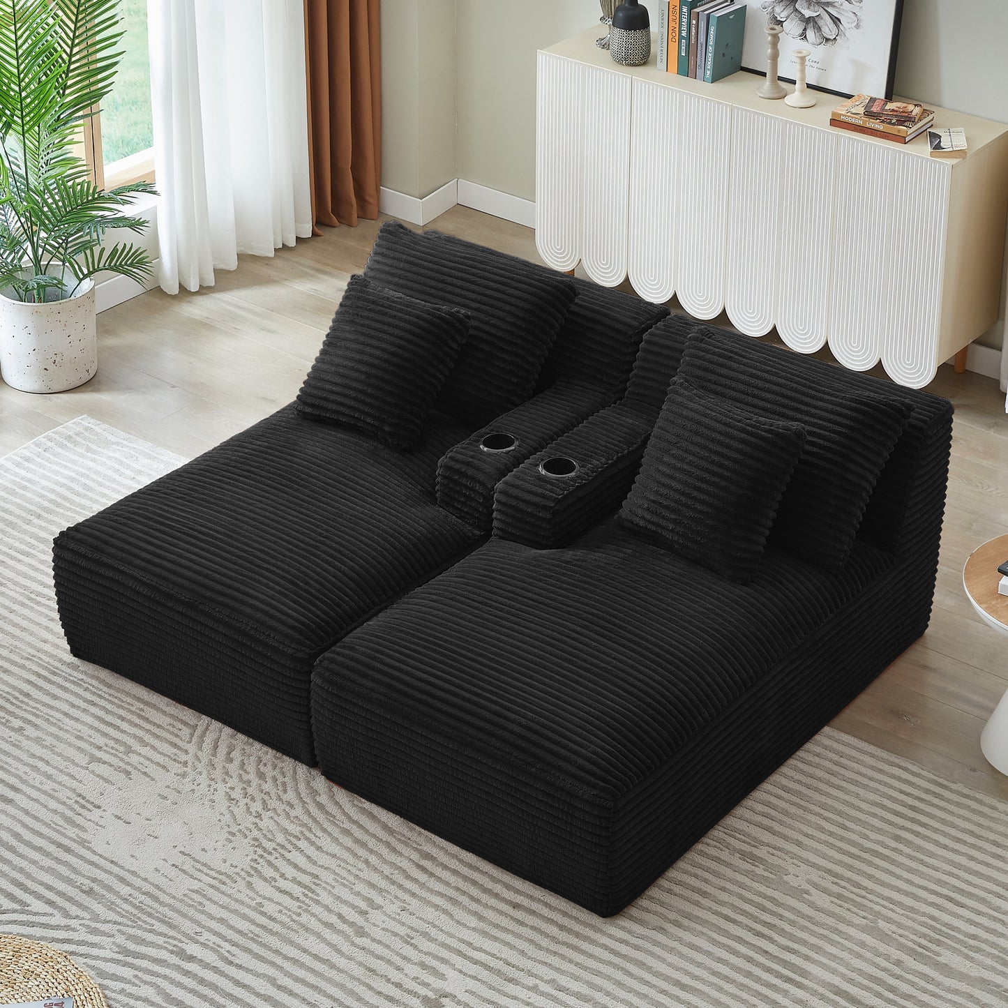 NEW Fluffy Black Corduroy Modern Compressible Double Chaise Lounge Loveseat Sleeper with Cupholders