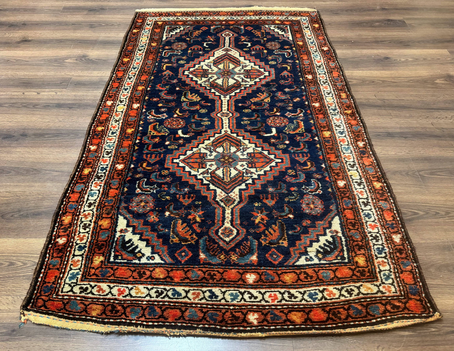 USED Antique Persian Hamadan Rug 4x6, Geometric, Double Medallions, Navy Blue, Tribal Carpet