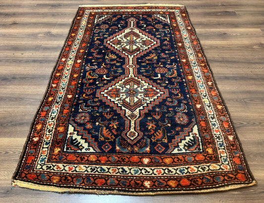 USED Antique Persian Hamadan Rug 4x6, Geometric, Double Medallions, Navy Blue, Tribal Carpet