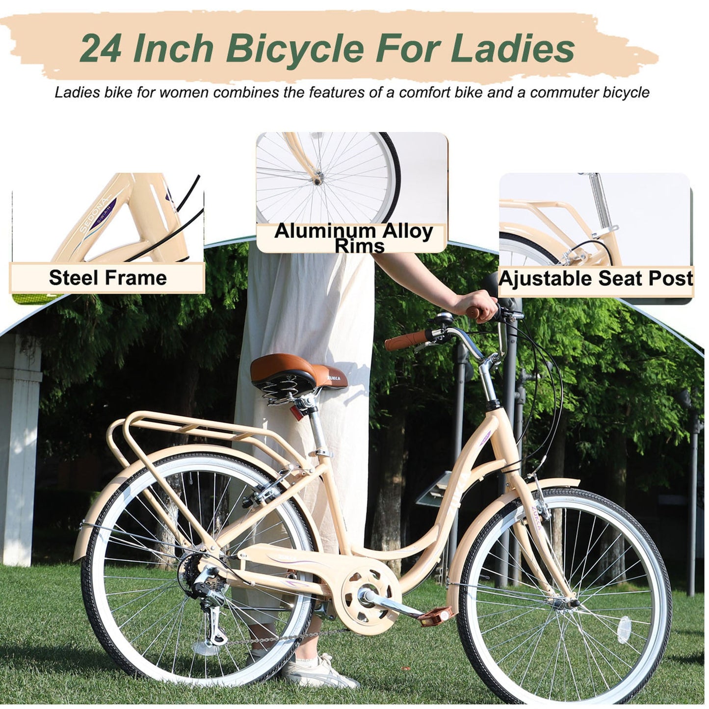 NEW 7 Speed, Steel Frame, Multiple Colors 24 Inch Ladies Bicycle