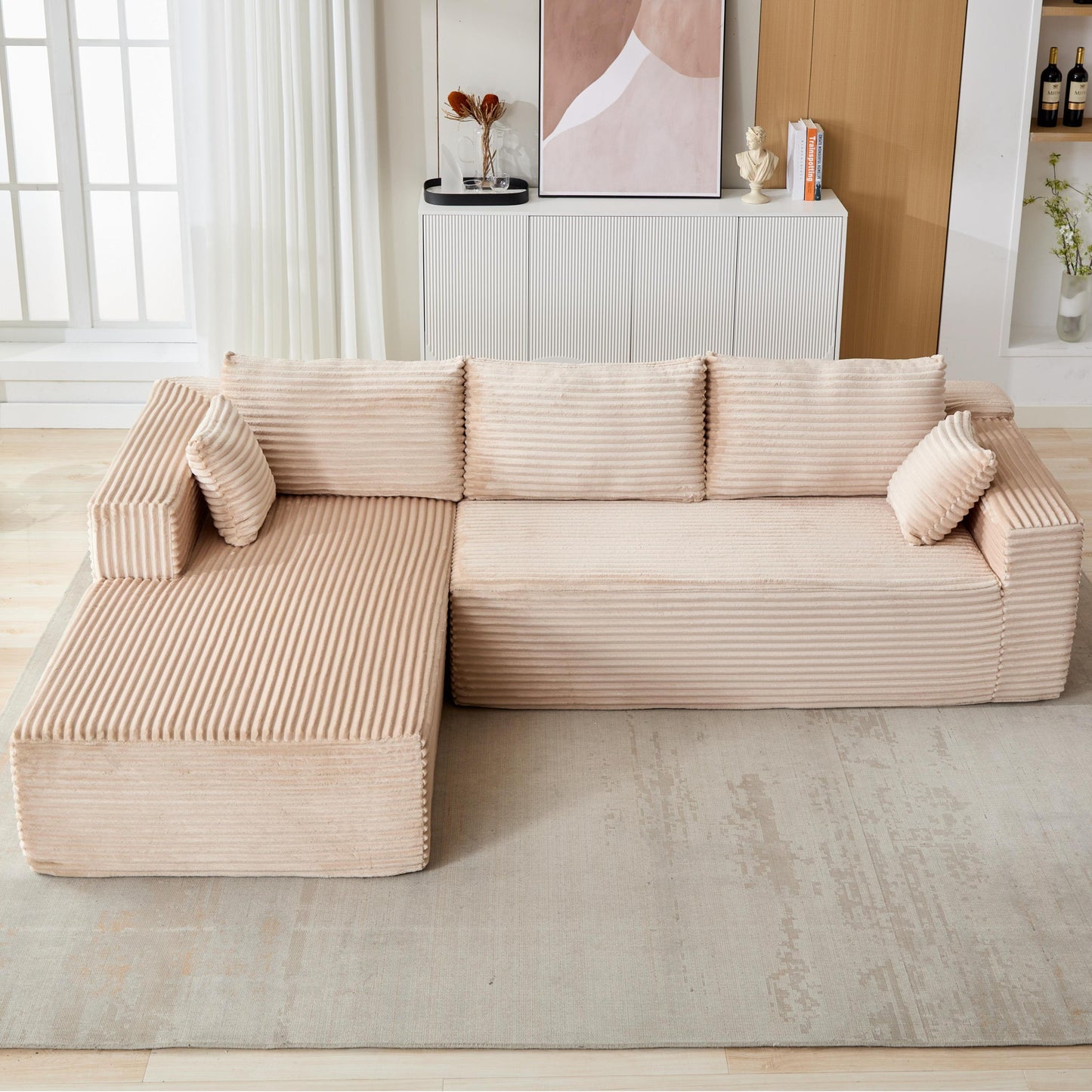NEW Compression Sectional Couch with Comfy Chaise, Boneless L Shape Sofa with Deep Seat, Minimalist Modular Couches Sleeper for Living Room Bedroom Apartment Lounge,corduroy,Beige