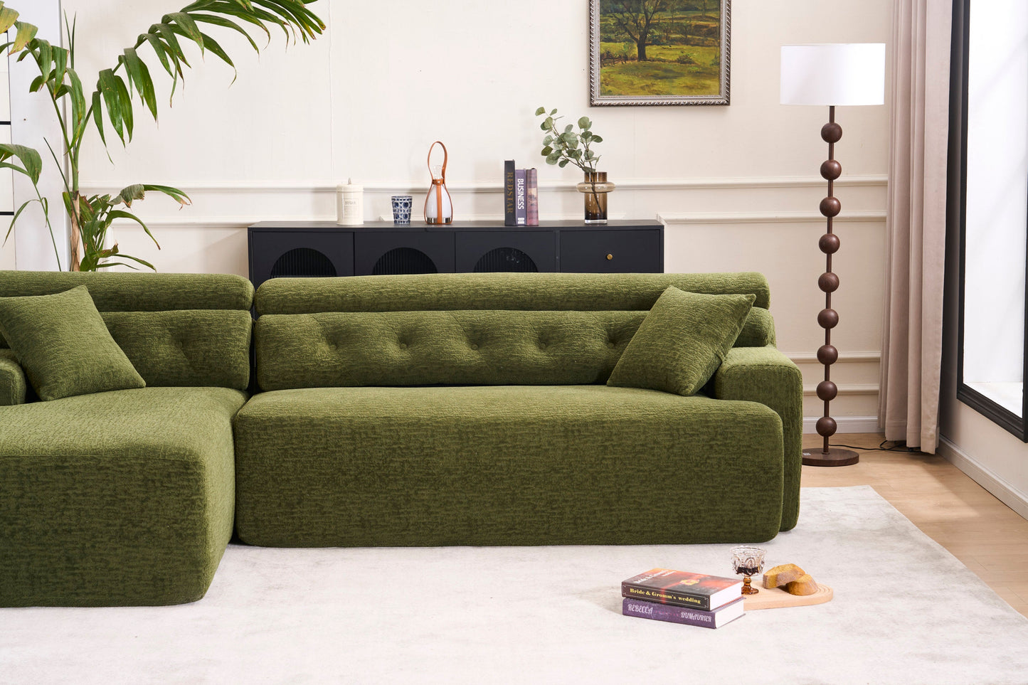 NEW 105' Modula Compression Sponge L-Shaped, Chesterfield-Inspired Design, No-Assembly Chenille Couch, 30D High-Density for Living Room, Bedroom, Apartment.Green.