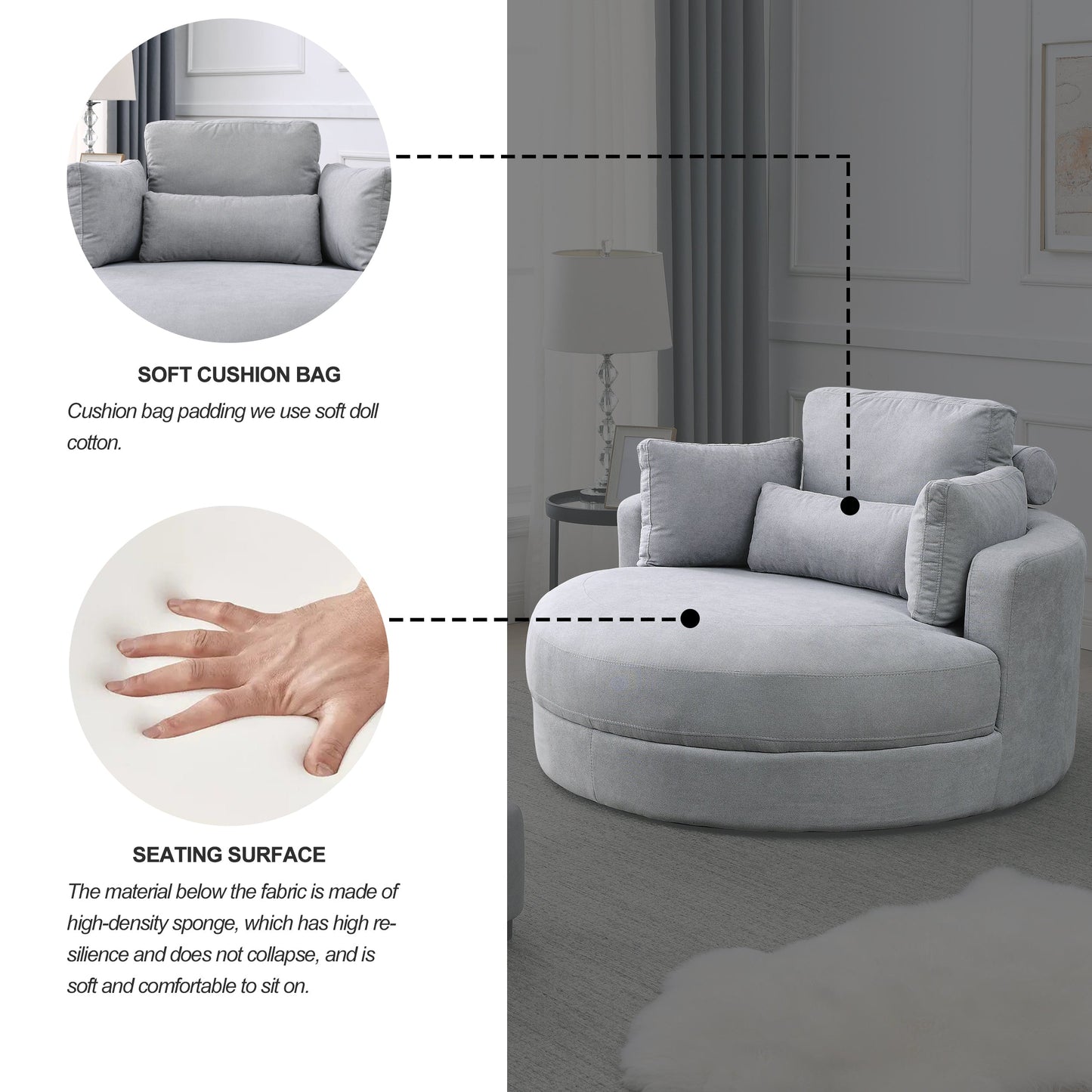 NEW We Like Swivel Accent Barrel Modern Grey Sofa Lounge Club Big Round Chair with Storage Ottoman Linen Fabric with Pillows
