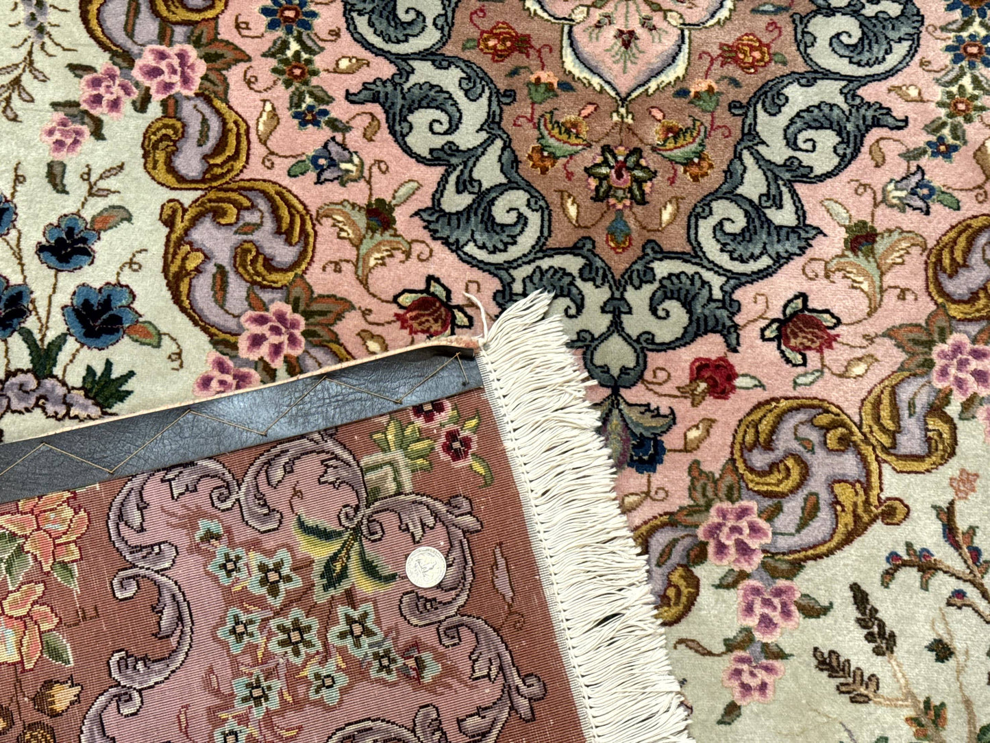 USED Wonderful Persian Tabriz Rug 7x10, Very Fine 330 KPSI, Light Green Light Blue Pink, Kork Wool Silk Foundation, Bird Pictorials