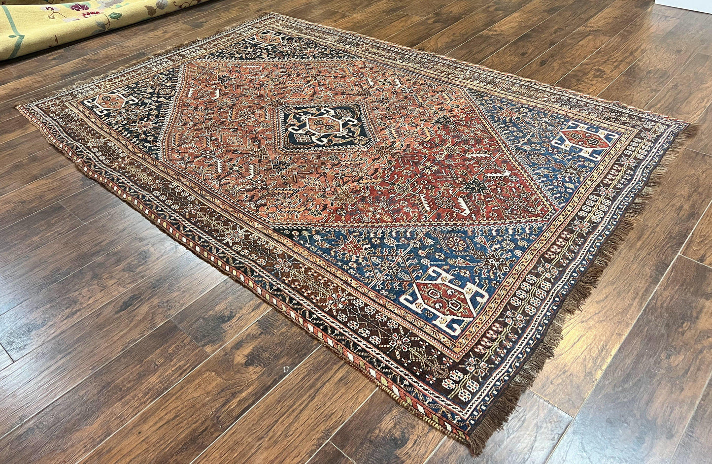 USED Antique Persian Shiraz Tribal Rug 6x8, Geometric Rug, Wool Handmade Hand Knotted Carpet, Red Blue