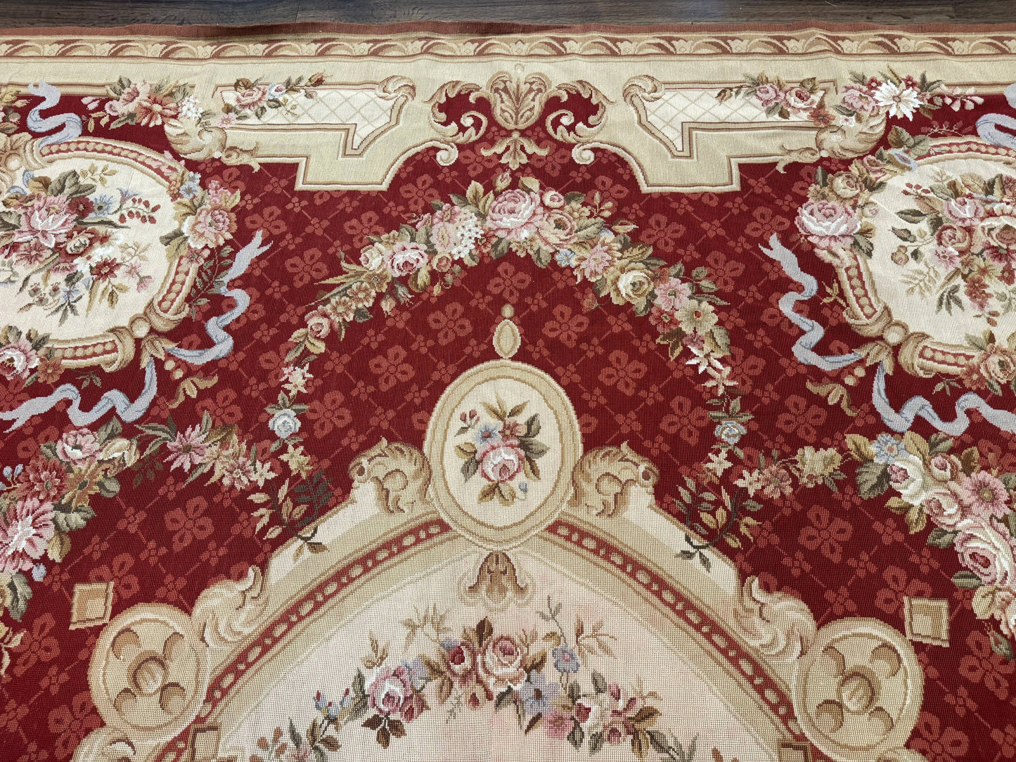 USED Aubusson Rug 8x11, Needlepoint Carpet, Red Ivory Beige, Vintage, French European Design