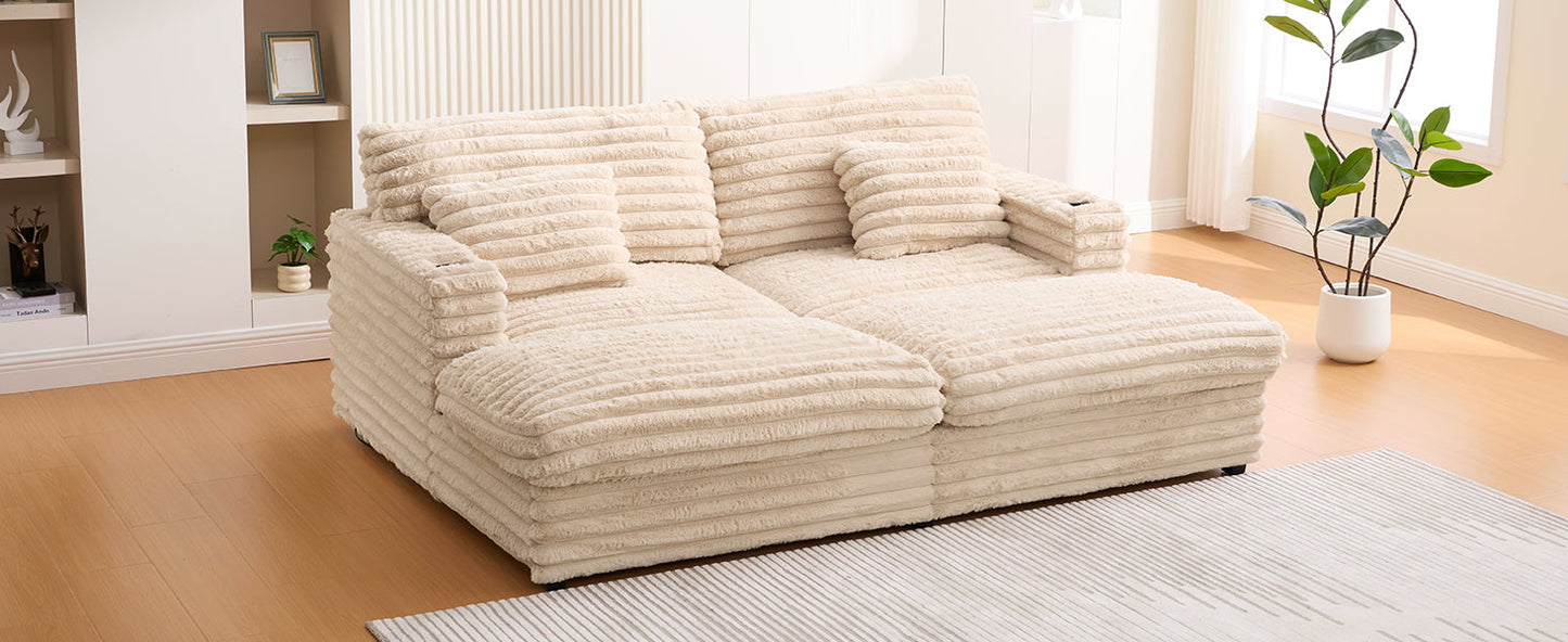 NEW Plush Champagne Faux Rabbit Fur Upholstered Oversized Double Chaise Lounge Sofa with USB Ports and Cup Holders