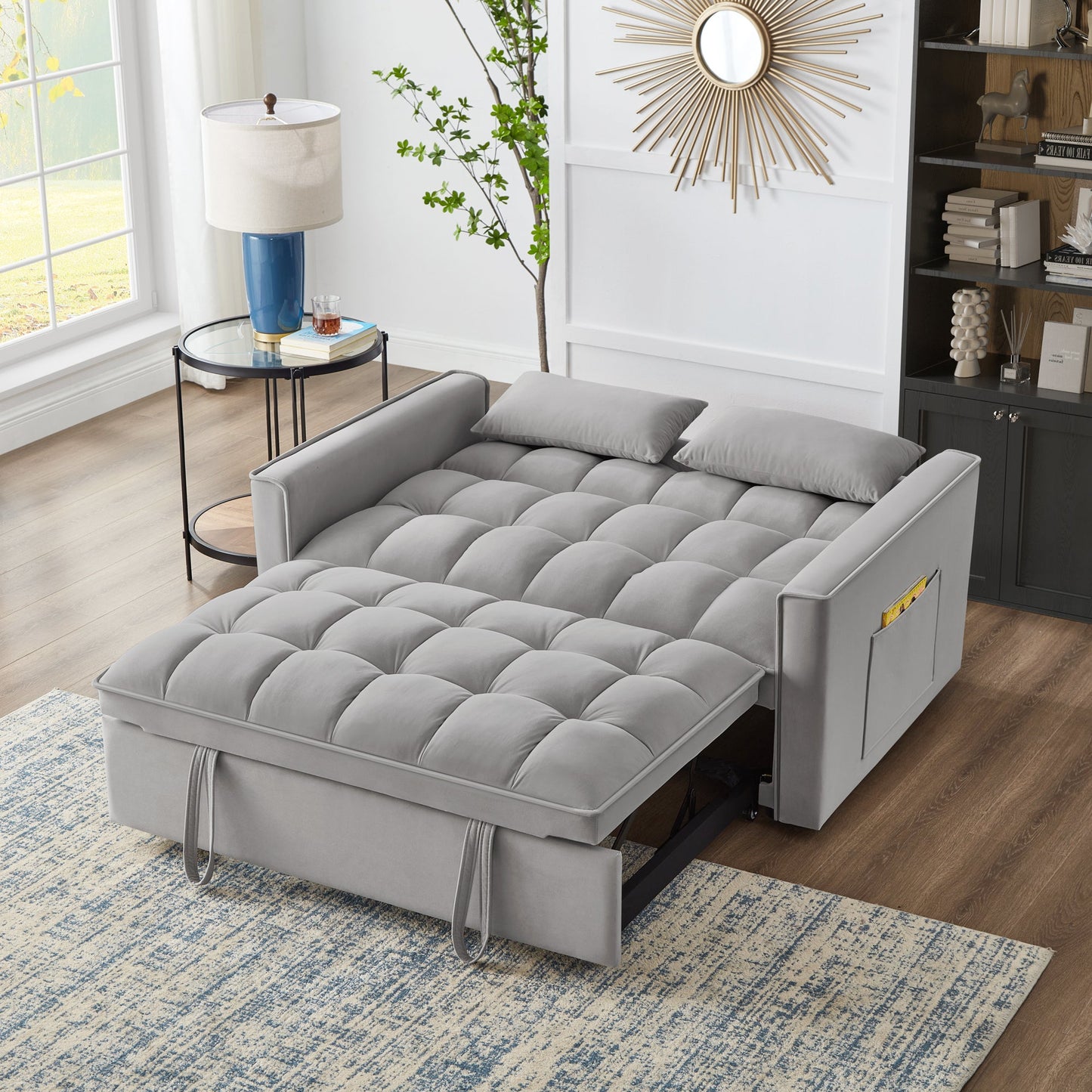 NEW 4 in1 Loveseat Sofa Bed with Armrests & Storage Pockets, Multi-Function Tufted Pull-out Sofa Bed with Adjustable Backrest and Pillows, Convertible Loveseat Sofa Couch, Gray