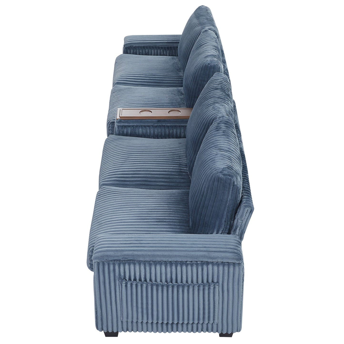 NEW Modern 4-Seater Corduroy Sofa Couch with USB Ports, Hidden Storage, Flip-Top Cup Holders, Blue, 133'