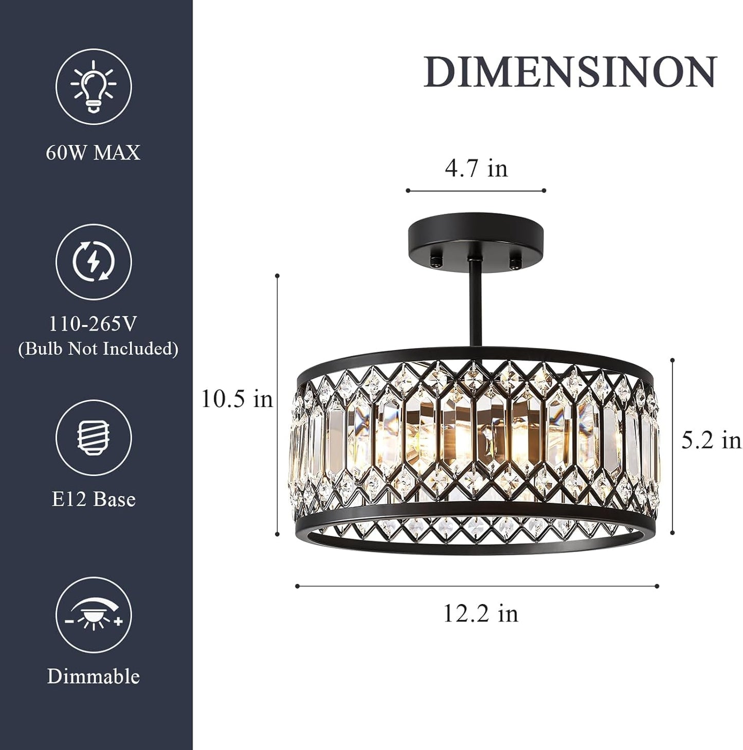 NEW Crystal Black Three Light Semi Flush Mount Ceiling Light