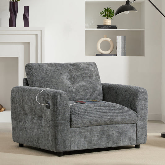 NEW 42*33' Single Sofa, Armchair with Wide Seat, Dual-port Charger, Pull-line & Tufted Design, High-density Foam, Suitable for Living Room & Apartment, Chenille, 2 Colors