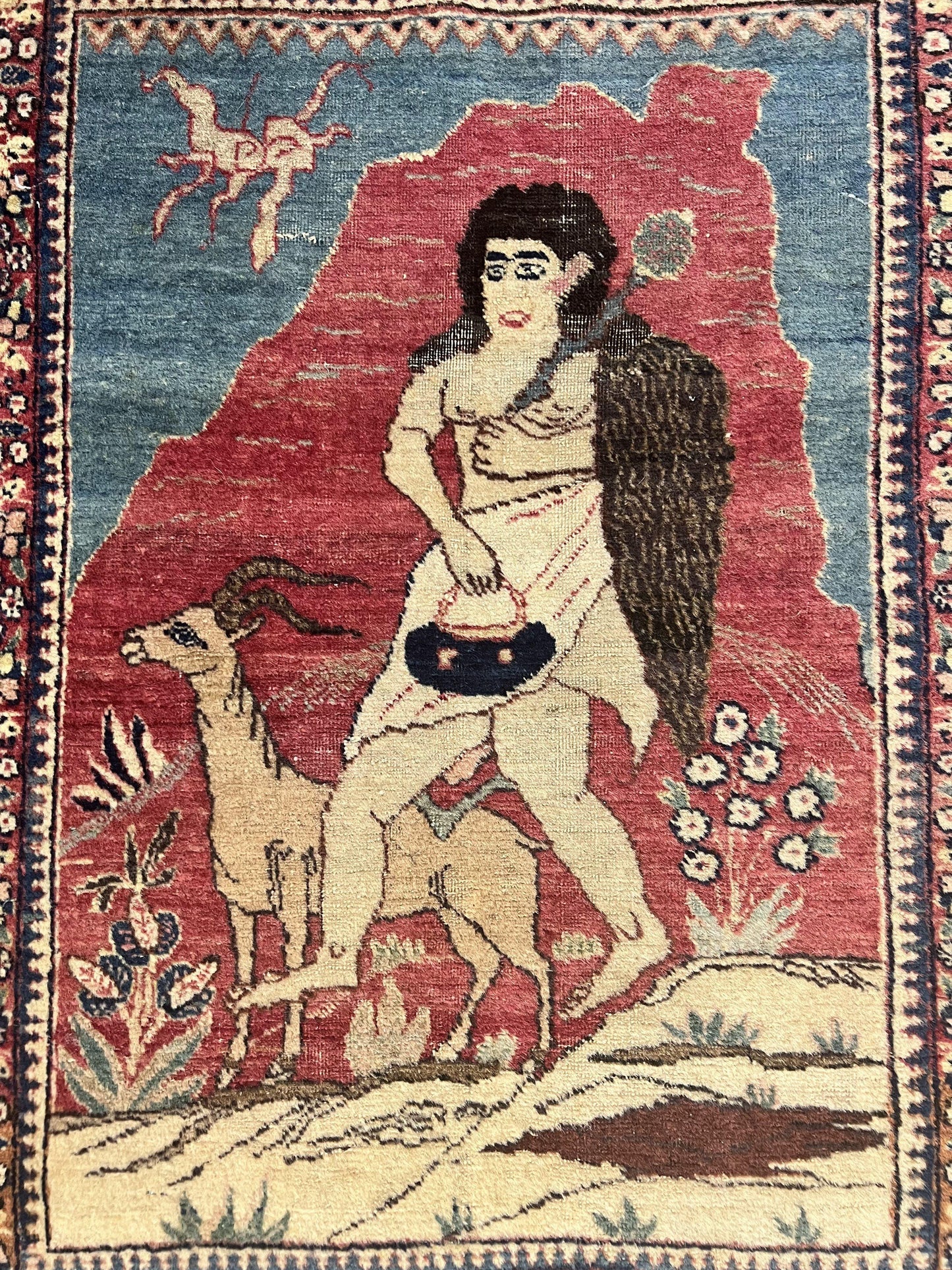 USED Antique Persian Kirman Rug 2 x 2.5, Small Hand Knotted Wool Carpet, Lavar Rug, Shepherd with Ram Pictorial Rug #1