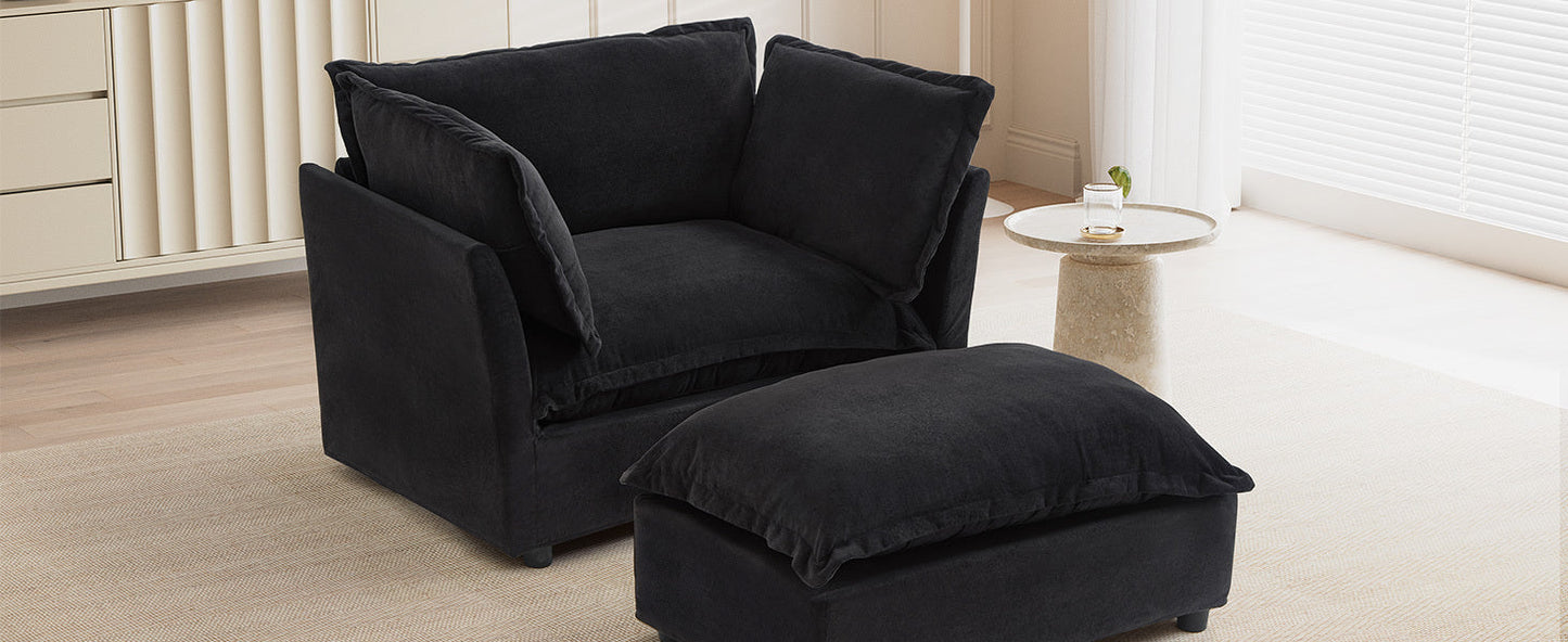 NEW Modern Armchair Sofa 47' Cozy Upholstered Sofa Chair with Movable Ottoman, Black Chenille, Wide Seat & Curved Armrests