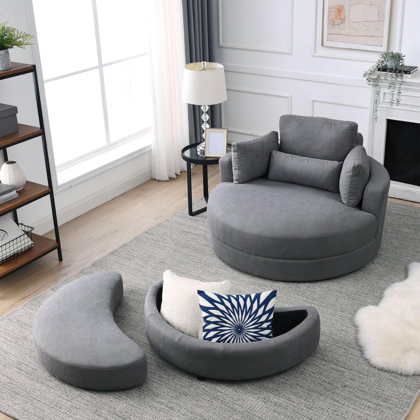 NEW Welike Swivel Accent Barrel Modern Dark Grey Sofa Lounge Club Big Round Chair with Storage Ottoman and Pillows