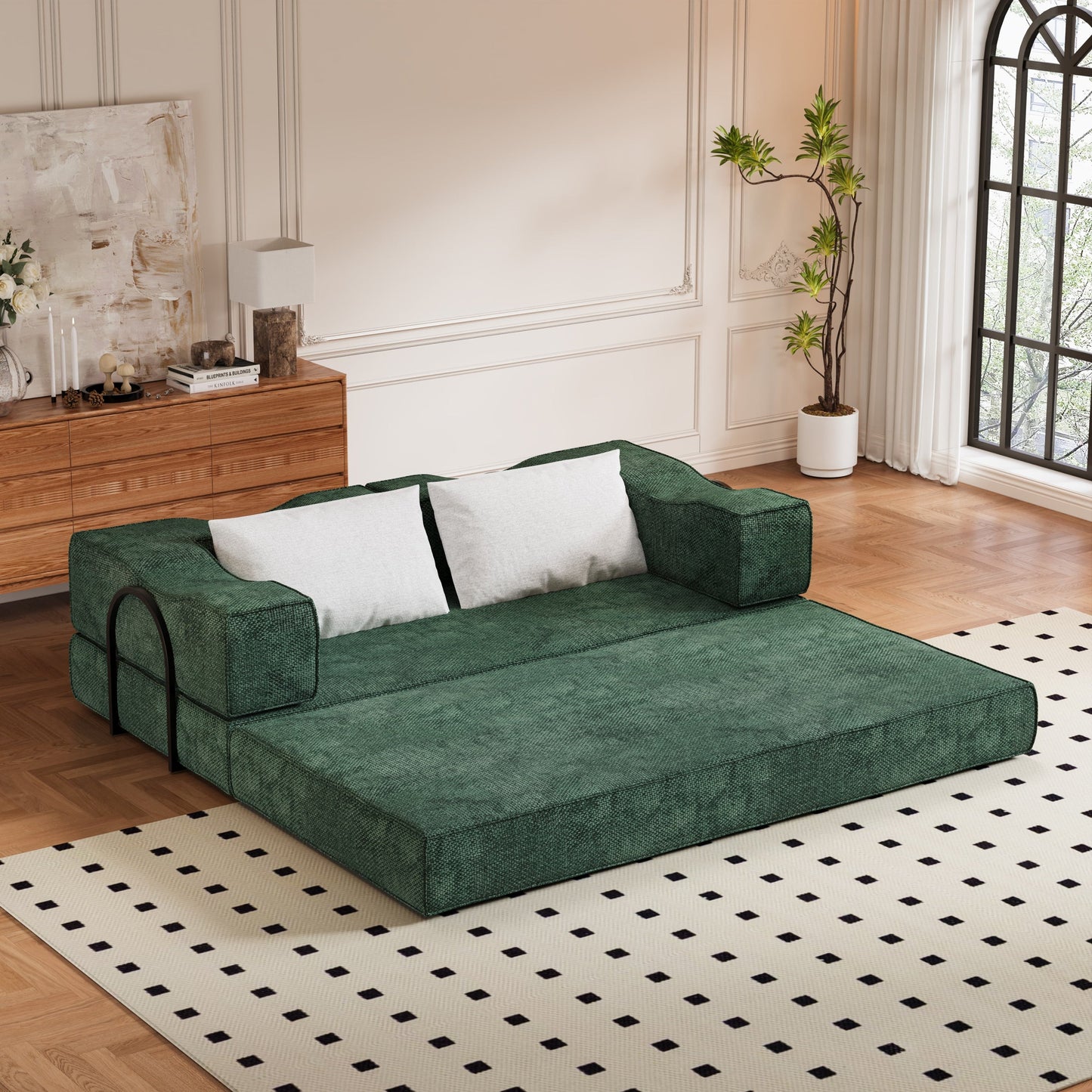 NEW 80 ' Convertible Couch Bed with 2 Pillows, 3-Seat Folding Floor Couch & King Size Bed Mattress, DIY Combination, Chenille, GREEN