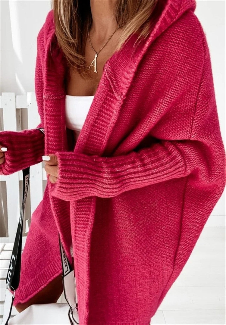 New Fashion Bat Sleeve Hooded Cardigan Oversized Loose Temperament Solid Color Sweater Womens Clothing