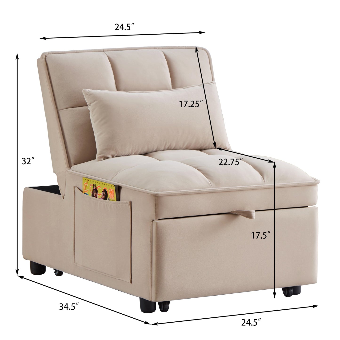 NEW 4 in1 Multi-Function Single Sofa Bed with Storage Pockets,Tufted Single Pull-out Sofa Bed with Adjustable Backrest and Pillows ,Convertible  Chaise Lounge,Taupe