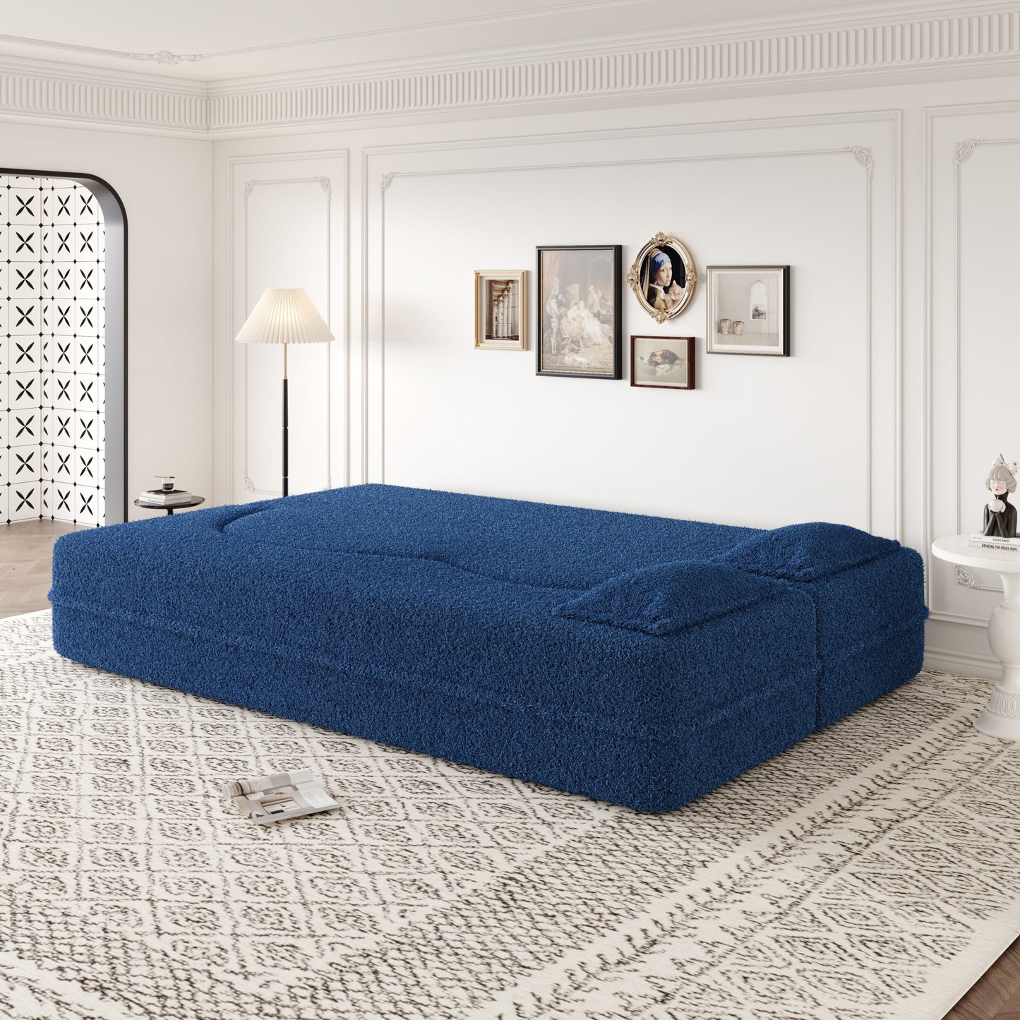 NEW Modern Blue Convertible Teddy Fabric Foam Filled Sleeper Sofa Bed 15' Full Size Folding Mattress Floor with 2 Pillows