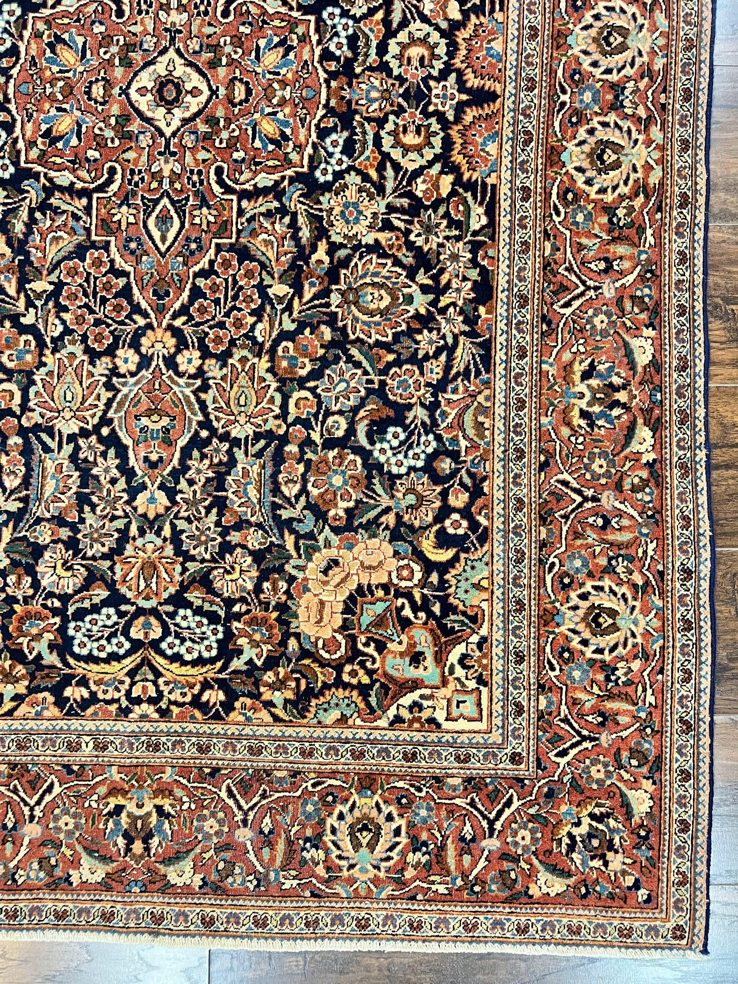 USED Persian Kashan Rug 4x7, Floral Medallion Vintage Handmade Hand Knotted Navy Blue & Red Wool Oriental Carpet, Highly Detailed Semi Antique Rug