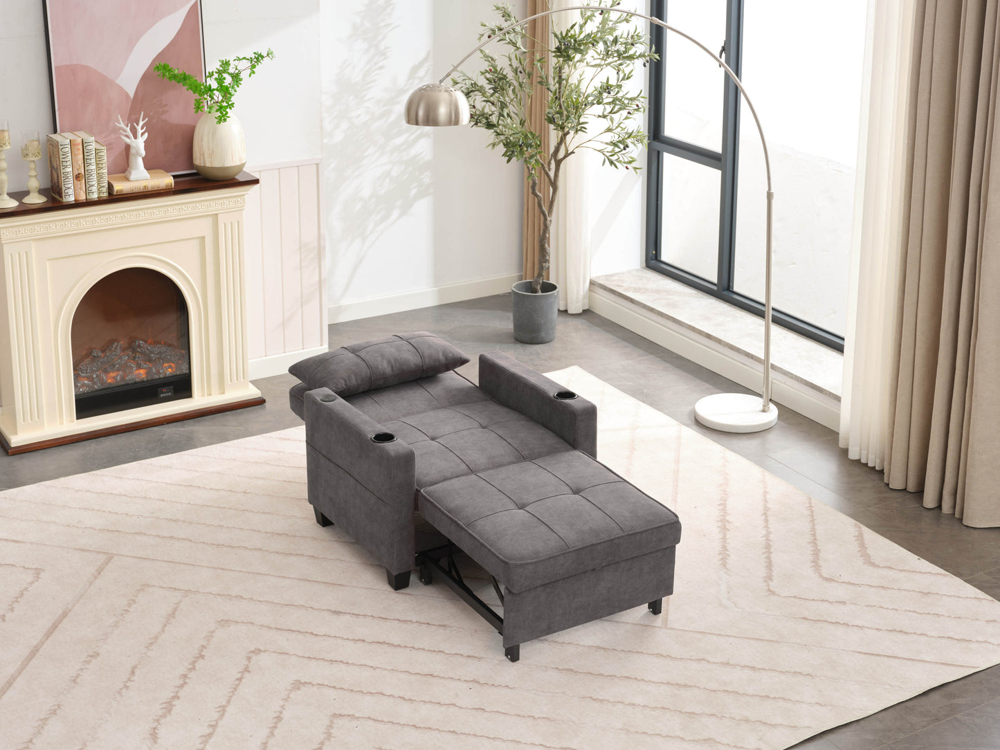 NEW Dark Grey Futon Bed Convertible Chair 3-in-1 Pull Out Sleeper Sofa with USB Ports