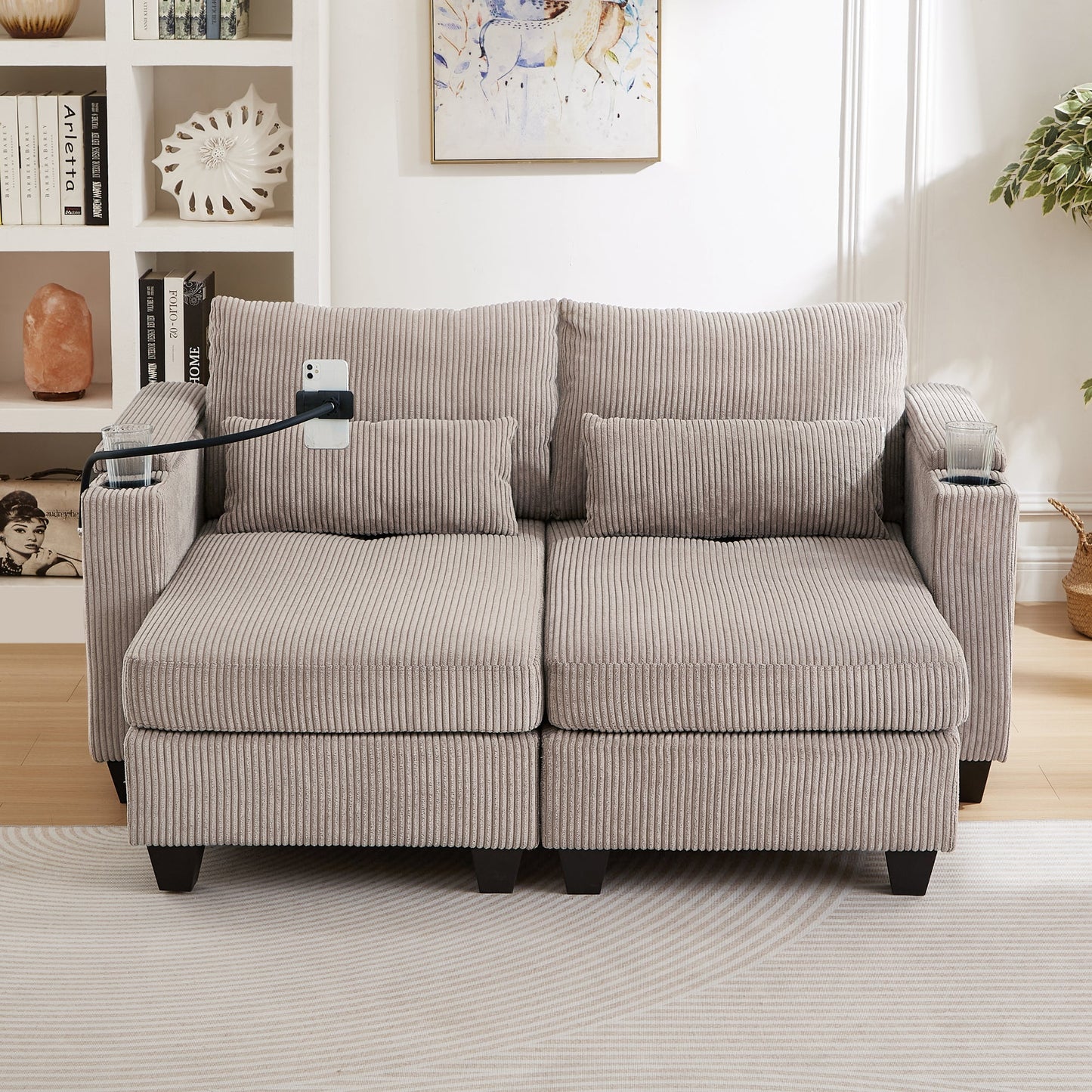 NEW Convertible Chaise Lounge 63' Loveseat Sofa Bed with USB Ports, Cup Holders, Phone Holder, Storage, Brown Corduroy