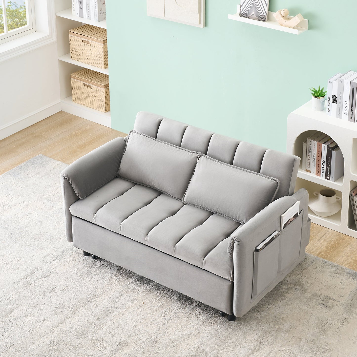 NEW 52 'grey modern velvet sofa, sofa pullout bed, small love seat casual sofa with back, pillow, pockets, living room furniture, 3 in 1 convertible sleep sofa bed.
