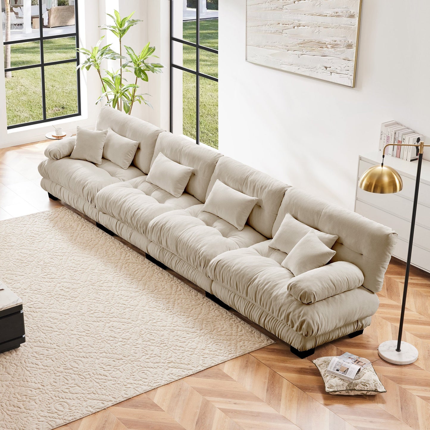 NEW Light Coffee Chenille Comfy Upholstered 4-Seater Sectional Sofa Modular Deep Seat Sofa Couch