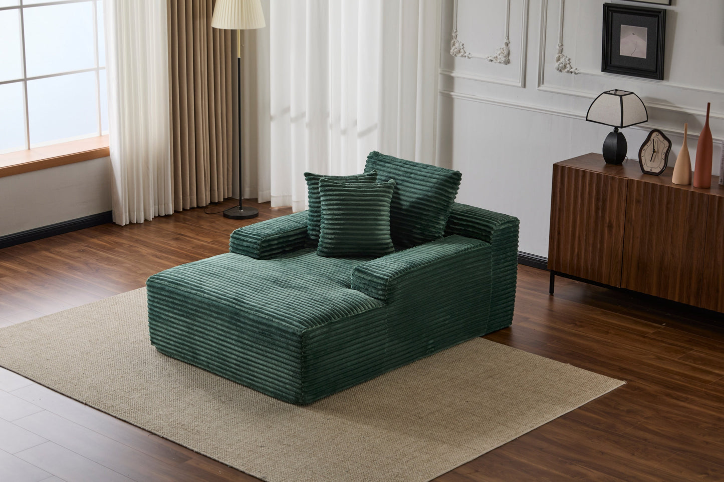 NEW Oversized Chaise Lounge Chair Cozy Cloud Couch Modern Plush Green Corduroy Upholstered Sleeper Sofa Daybed with 3 Throw Pillows and Wide Armrest