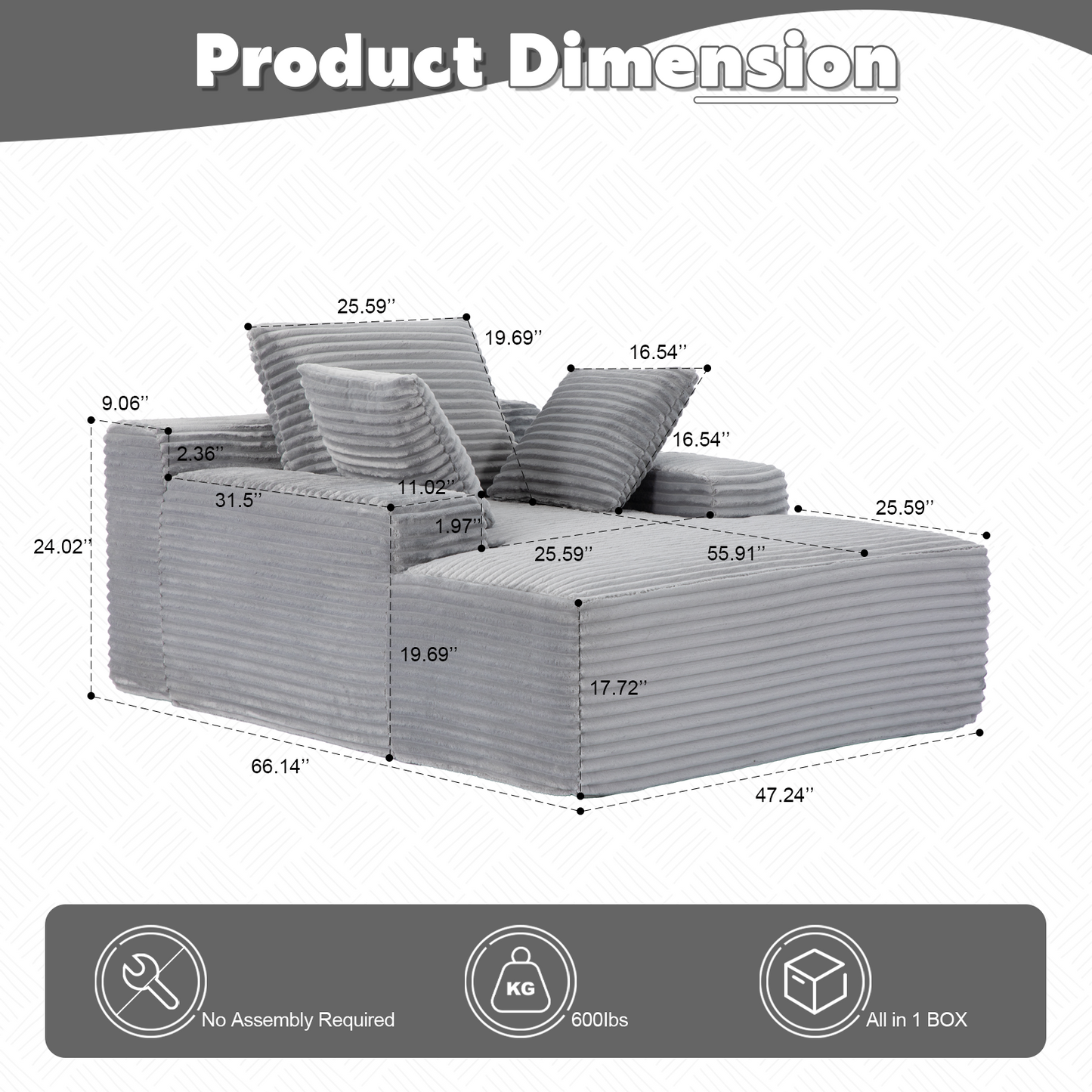 NEW Grey Oversized Chaise Lounge Chair Cozy Cloud Couch Modern Plush Corduroy Upholstered Sleeper Sofa Daybed with 3 Throw Pillows and Wide Armrest