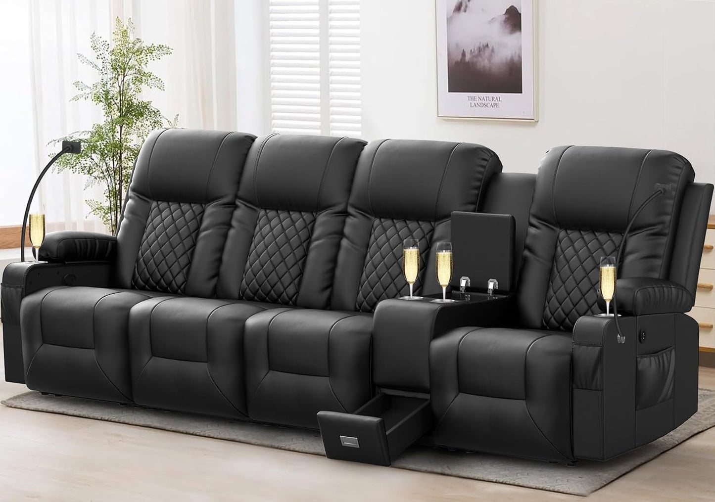 NEW 4 Seat Recliner Sofa With USB Ports And Storage Console