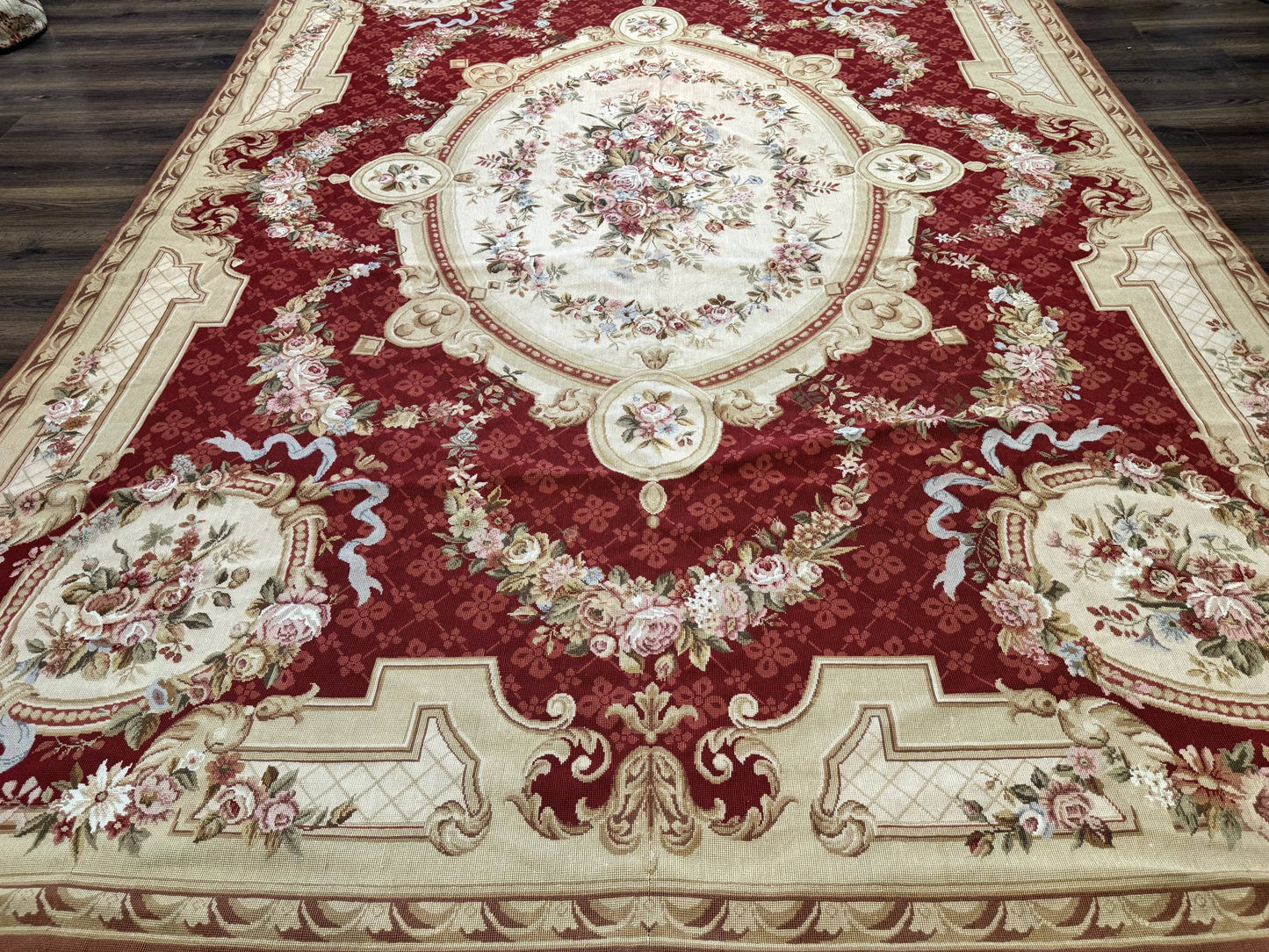 USED Aubusson Rug 8x11, Needlepoint Carpet, Red Ivory Beige, Vintage, French European Design