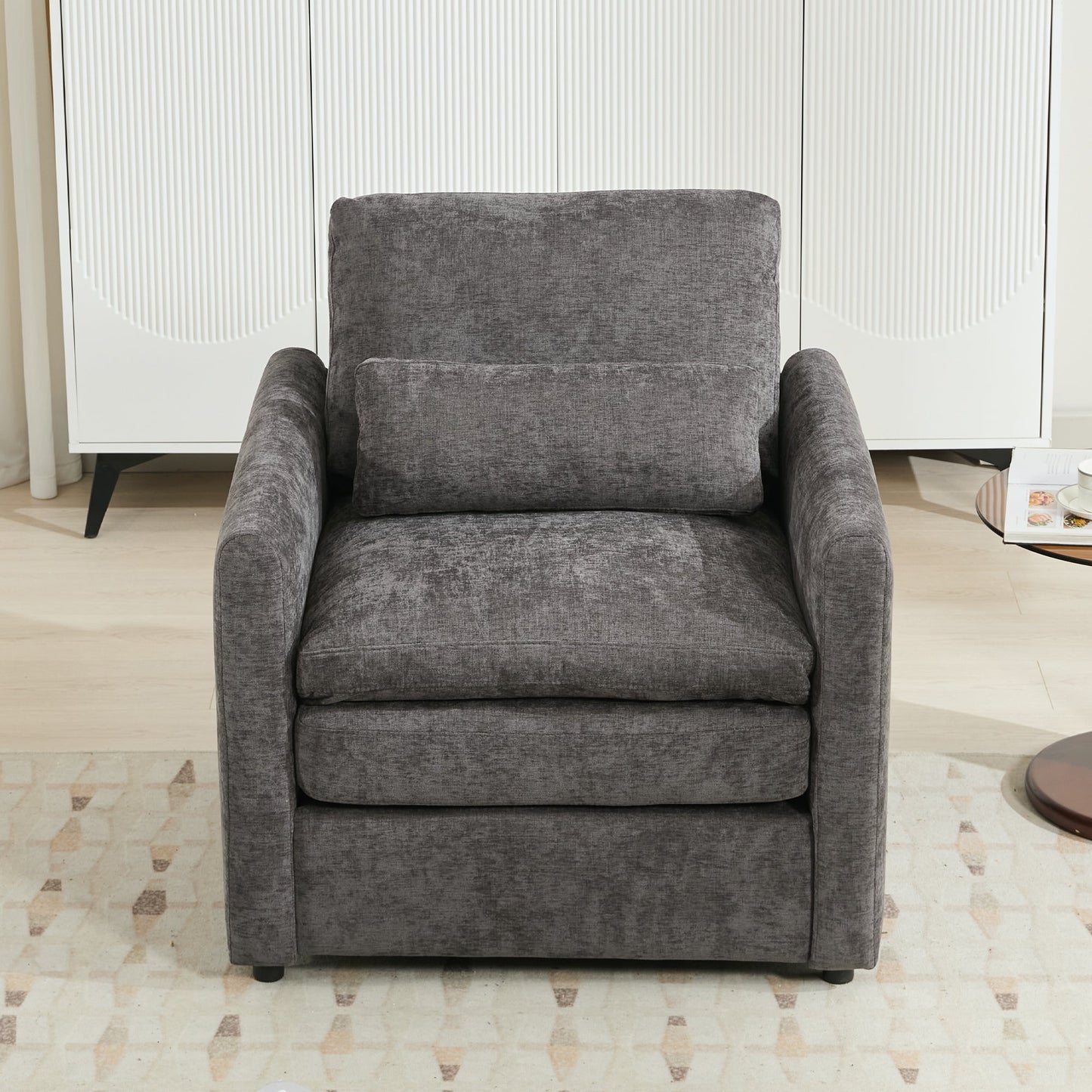 NEW Cozy Upholstered Armchair with Double Cushion in Grey Chenille, 31.9 Inches