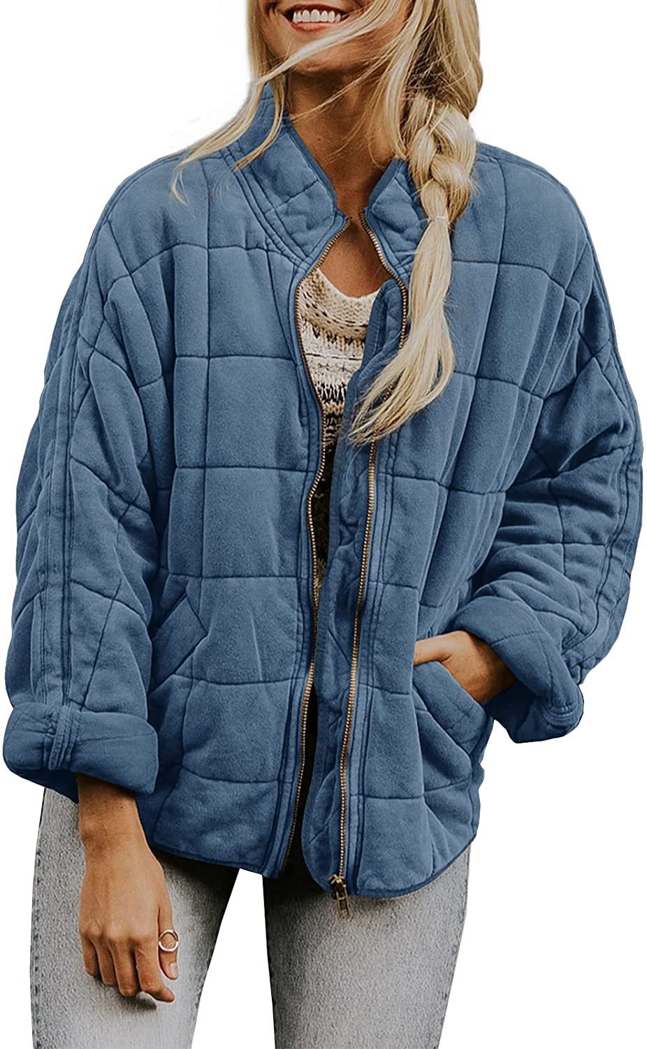 New Winter Zip-up Stand Collar Coat With Pockets Fashion Solid Color Plaid Long Sleeved Jacket Women's Clothing