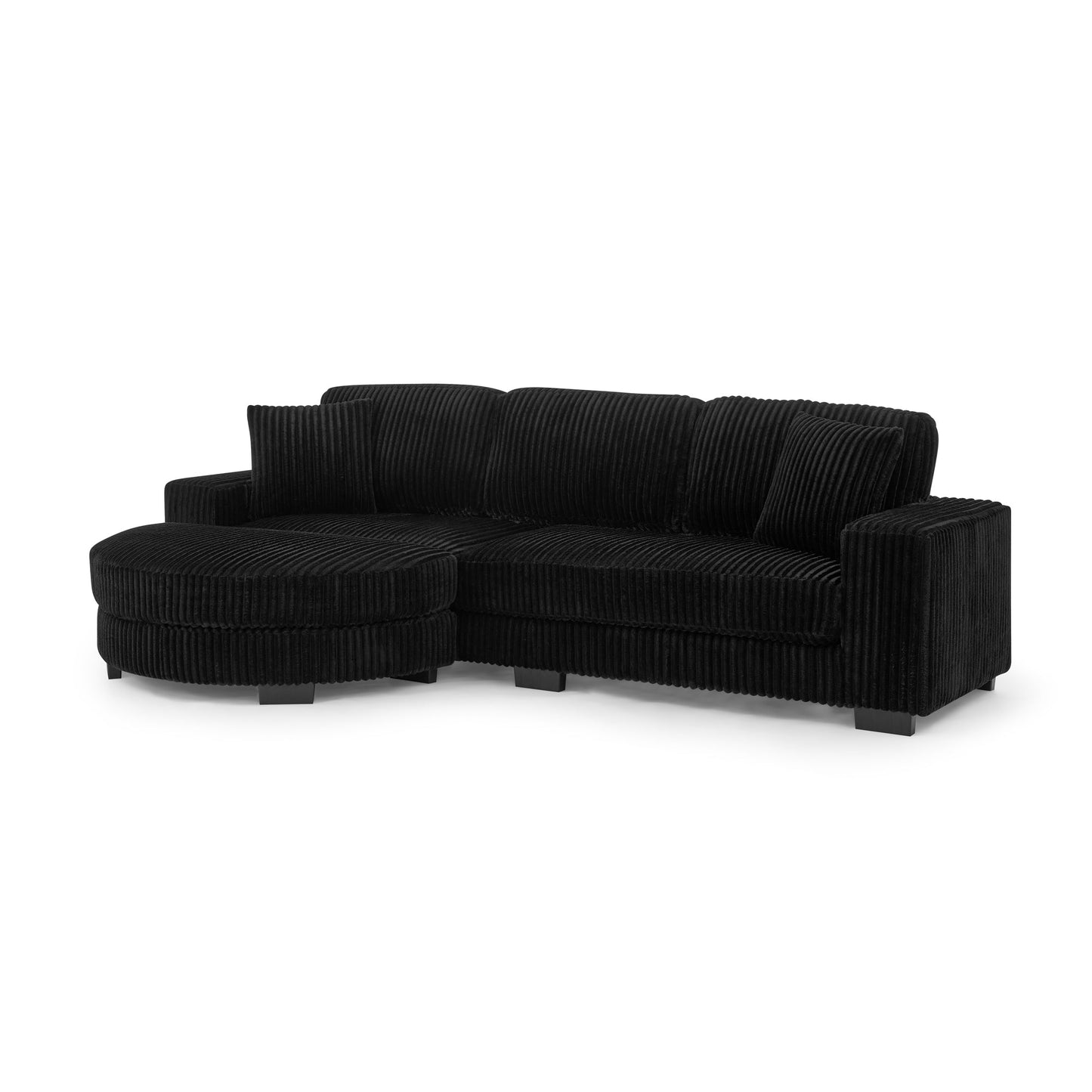 NEW Black Corduroy Tufted Upholstered Sleeper Sectional Sofa, L-Shaped Modular Convertible Sofa with Arc-Shaped Footstool