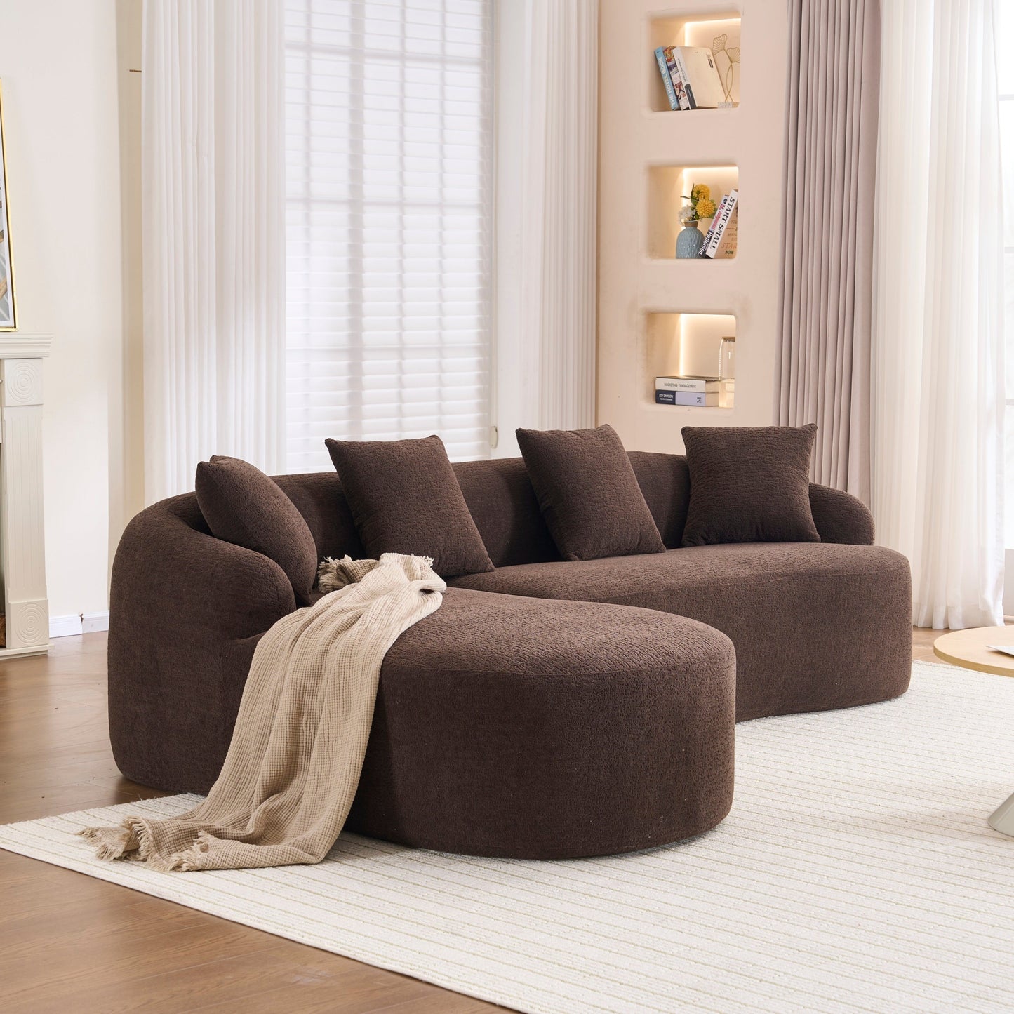 NEWn Brown Chenille Modular Compression Sponge L-Shape Sectional Sofa Couch with Curved Chaise