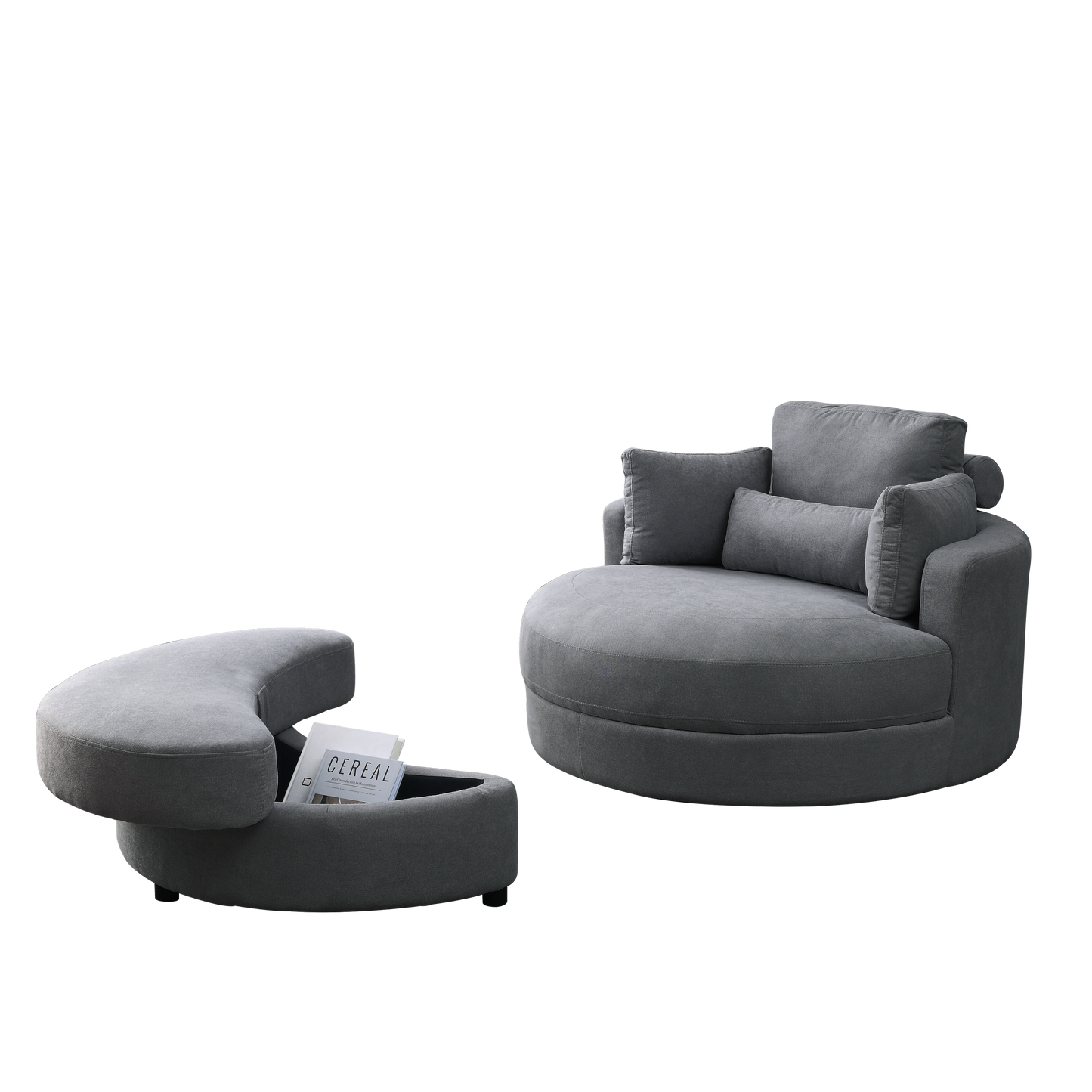 NEW Welike Swivel Accent Barrel Modern Dark Grey Sofa Lounge Club Big Round Chair with Storage Ottoman and Pillows
