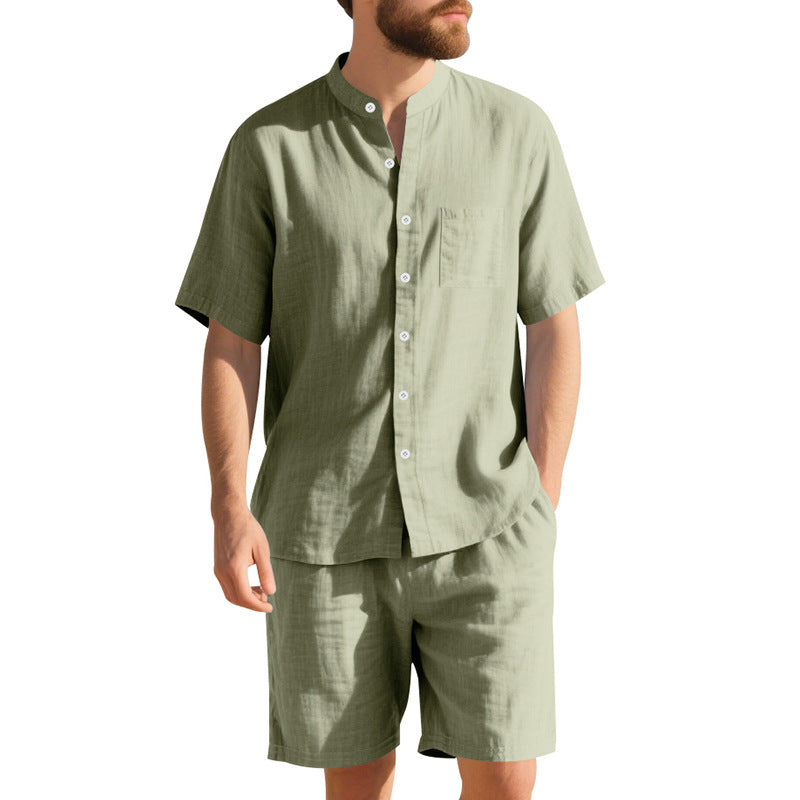 New American Linen Suit Men's Summer Two-piece Suit Henry Collar Beach