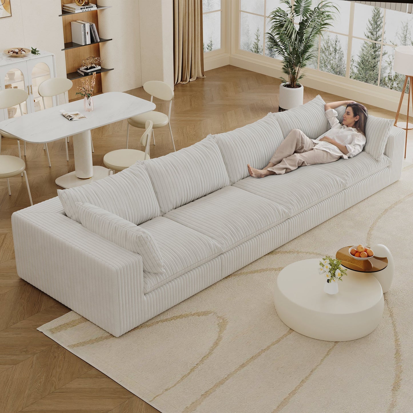 NEW 157.6'Cloud Sofa,Corduroy Fabric,Deep Seat Couches,Double-layer design,Removable  Cushion,No Assembly,DIY Combination for Living room, Bedroom,Conference room ,Apartment,White