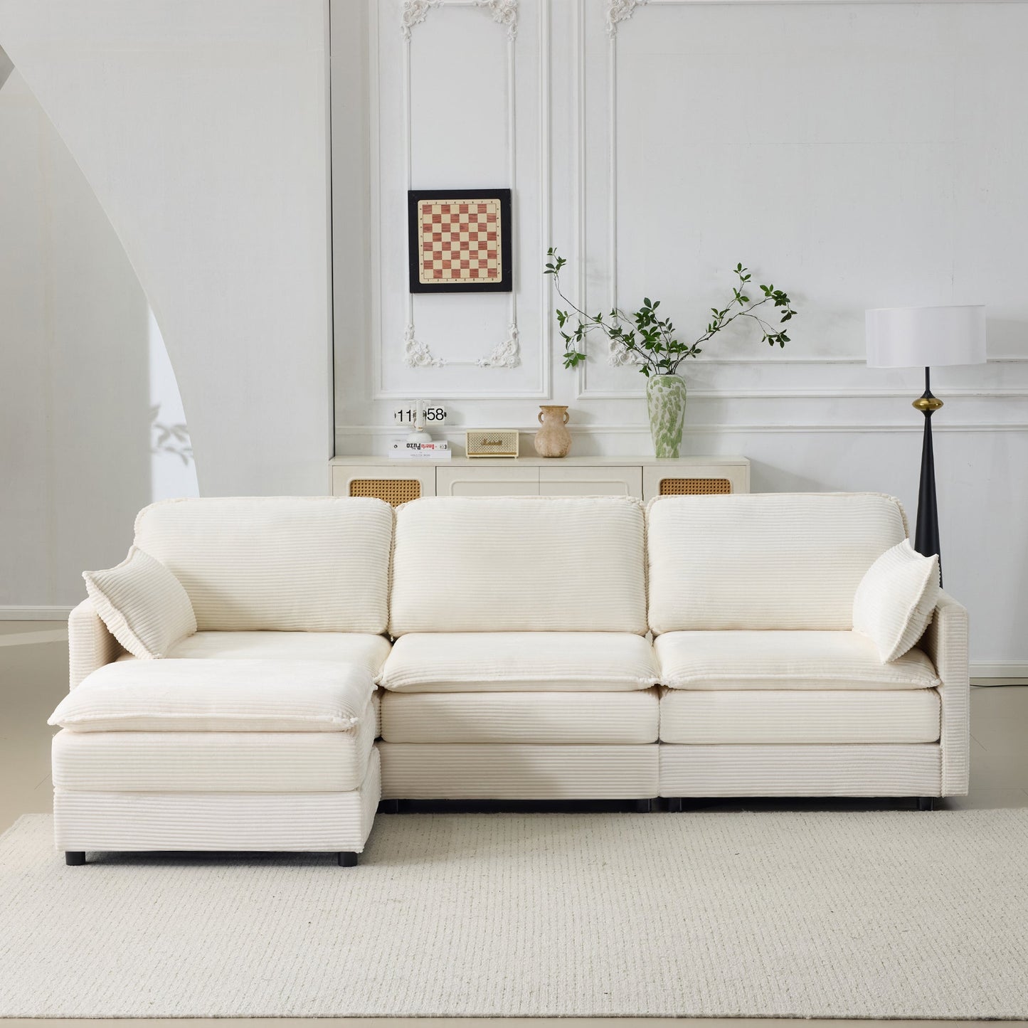 NEW 104' Plush Cloud Beige 3 Seater Modular Sofa + Ottoman with 22' Chenille Cushions and 2 Throw Pillows