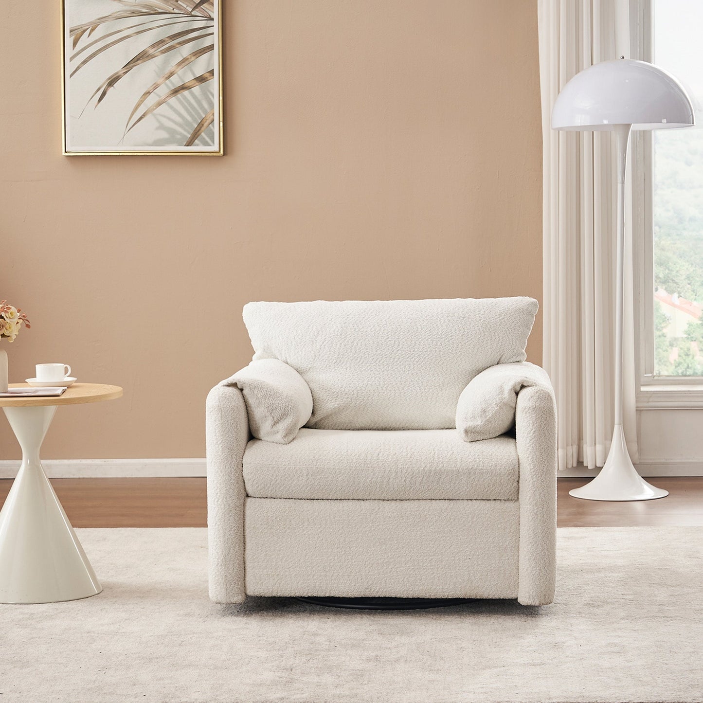 NEW Ivory White Swivel Ergonomic Reading Rotating Modern Single Seat Lounge Accent Chair with Chenille Fabric & High-Resilience Cushion