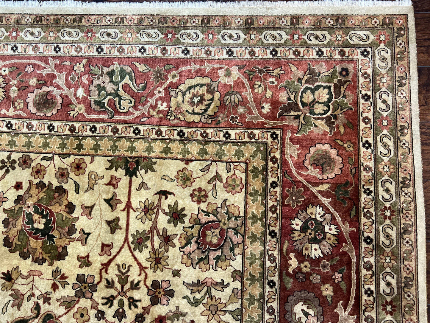 USED Large Indian Rug 10x14, Hand Knotted Indo Persian Gandehar Oriental Carpet, Vintage Wool Rug 10 x 14 ft Cream Red Floral Allover Traditional