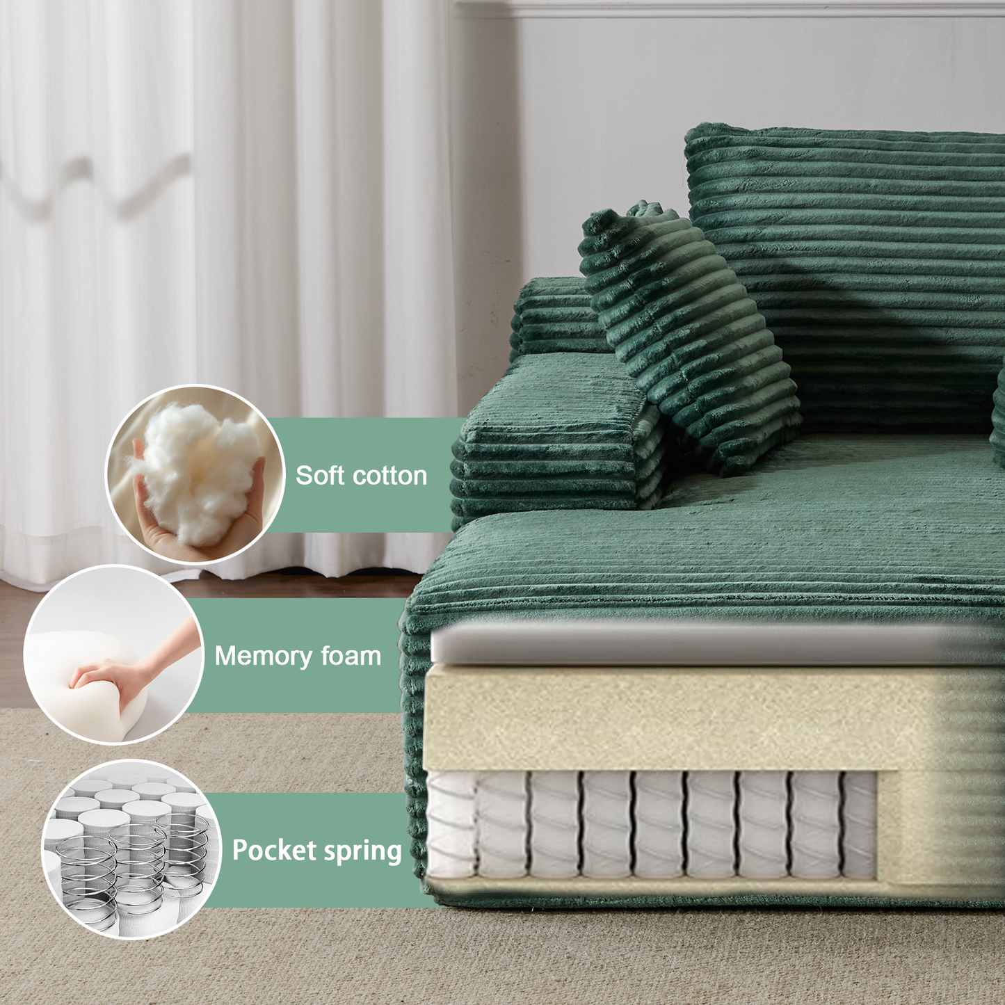 NEW Oversized Chaise Lounge Chair Cozy Cloud Couch Modern Plush Green Corduroy Upholstered Sleeper Sofa Daybed with 3 Throw Pillows and Wide Armrest