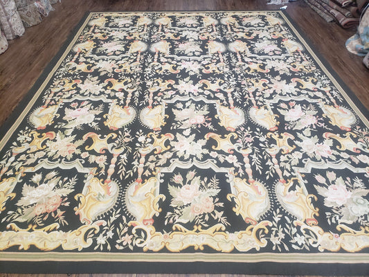 USED Vintage Black Aubusson Area Rug 8x10, Large Flowers Chinese Aubusson Carpet 7.9 x 10, Wool Hand-Knotted Floral Pattern Flat Weave Rug Nice