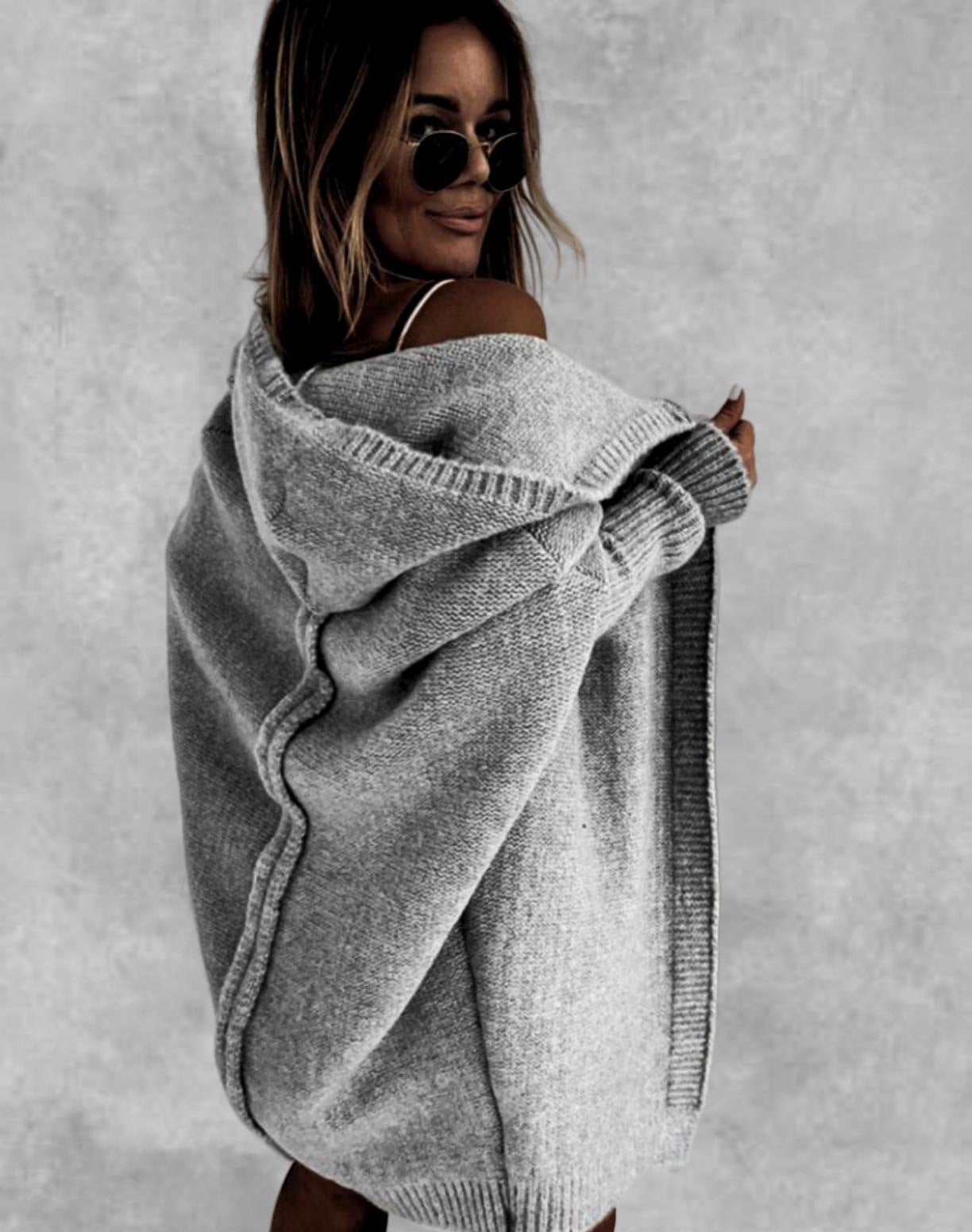 New Fashion Bat Sleeve Hooded Cardigan Oversized Loose Temperament Solid Color Sweater Womens Clothing