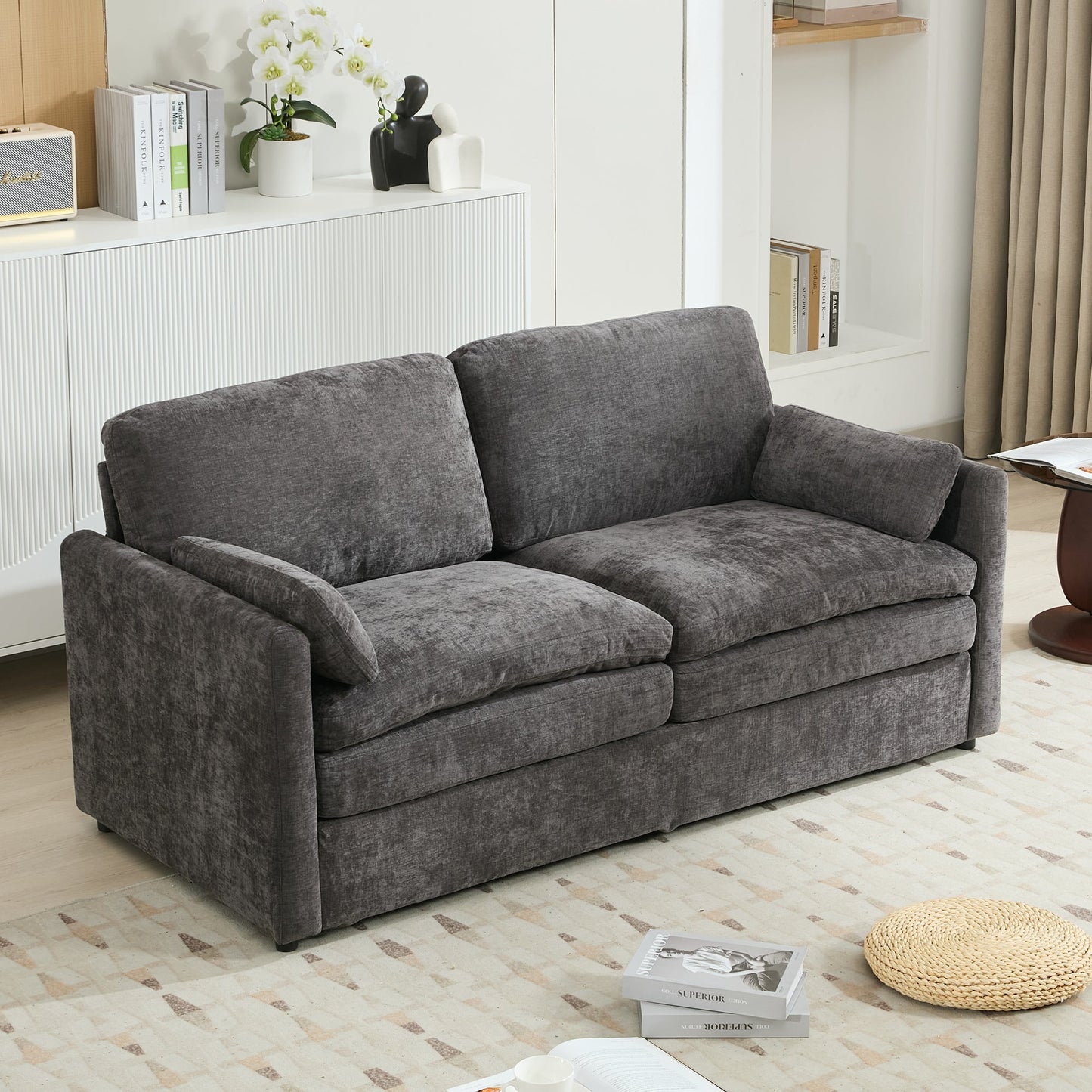 NEW Gray Premium Chenille Fabric Upholstered Rolled Arm Loveseat with Lumbar Pillow