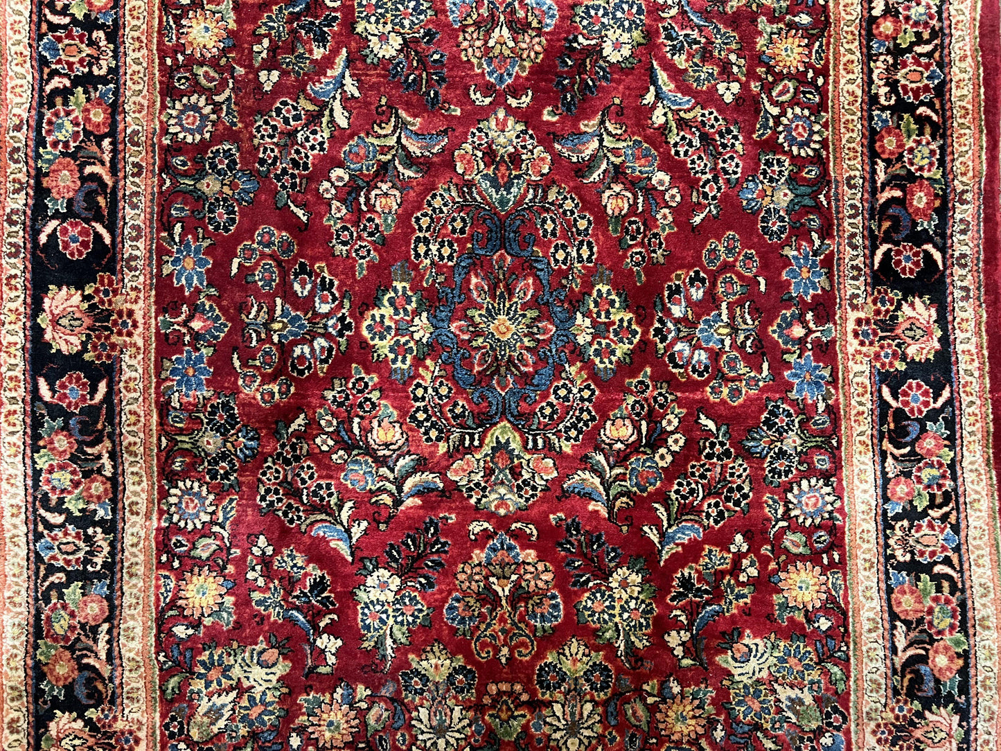 USED Rare Persian Almost Square Rug 6.3 x 5.3, Hand Knotted Wool Antique 1920s Sarouk Oriental Carpet, Red Navy Blue Beige, Floral Allover, 5x6 Area Rug