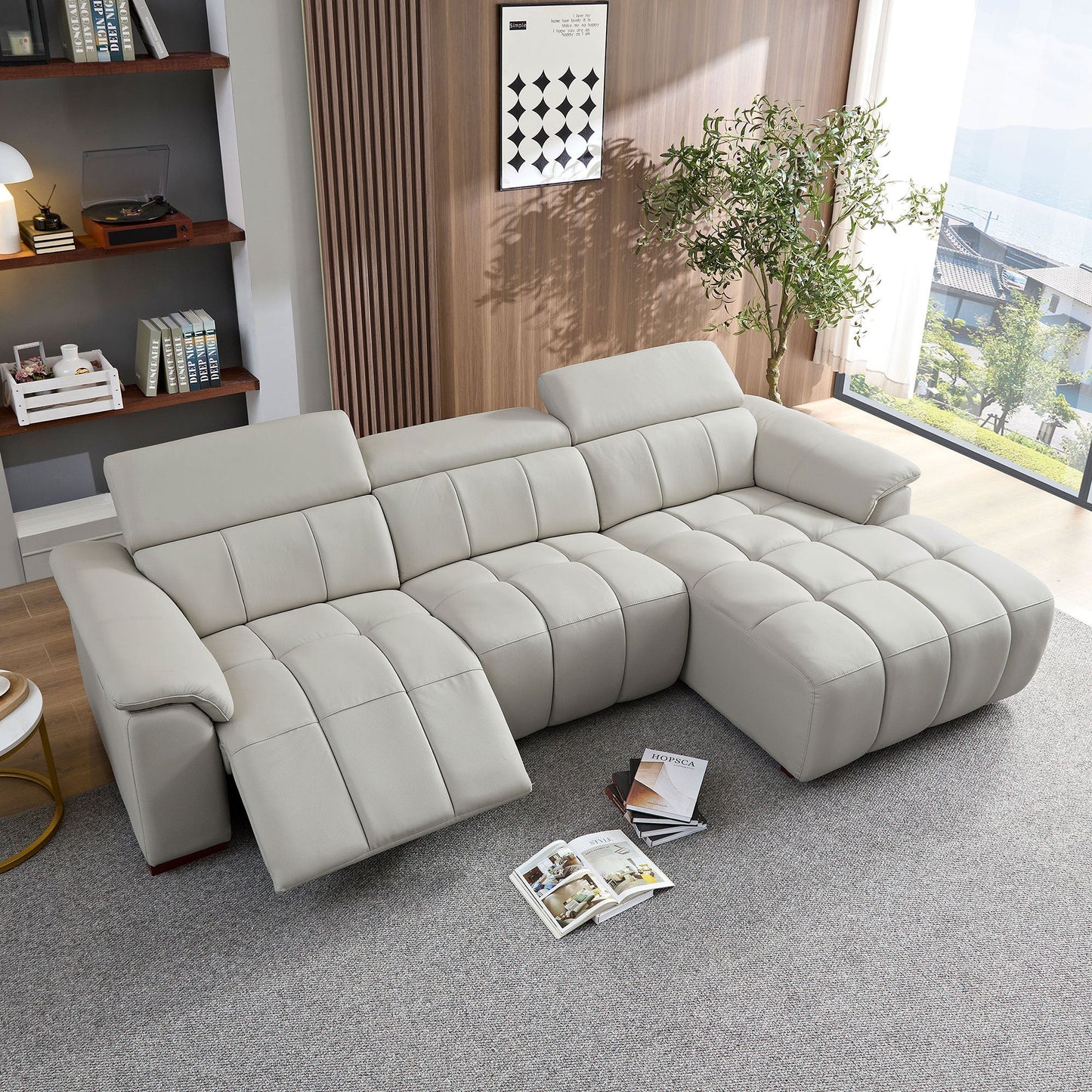 NEW Wall-Hugger Reclining Modern Electric Control Genuine Leather L Shaped Sofa Couch Lounge Seat Theater Seating with USB Port Headrest & Footrest